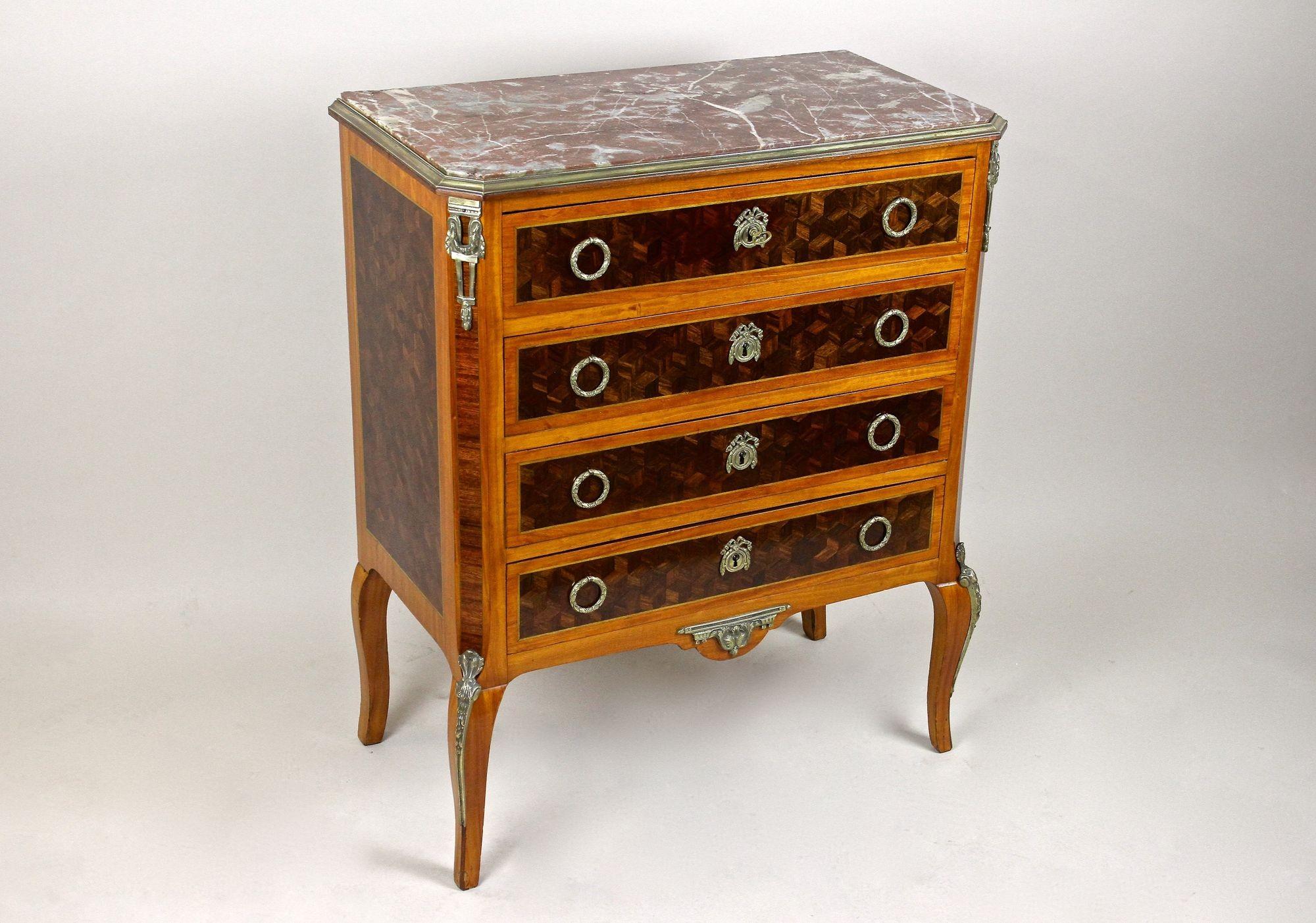 Brass 19th Century French Transitional Marquetry Chest of Drawers, France, circa 1870 For Sale