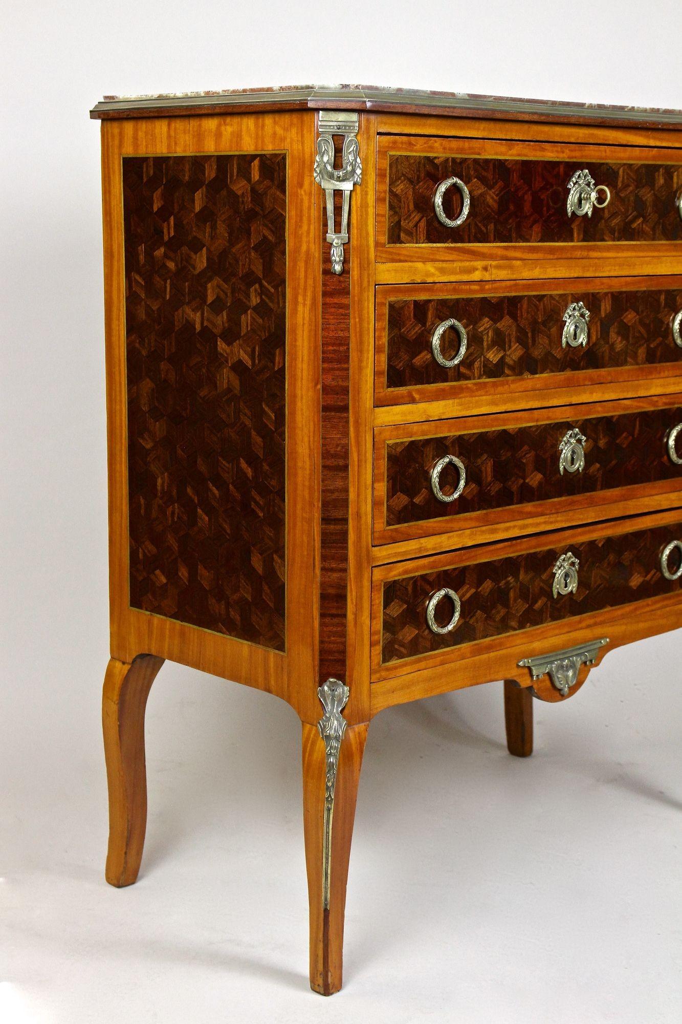 19th Century French Transitional Marquetry Chest of Drawers, France, circa 1870 For Sale 2