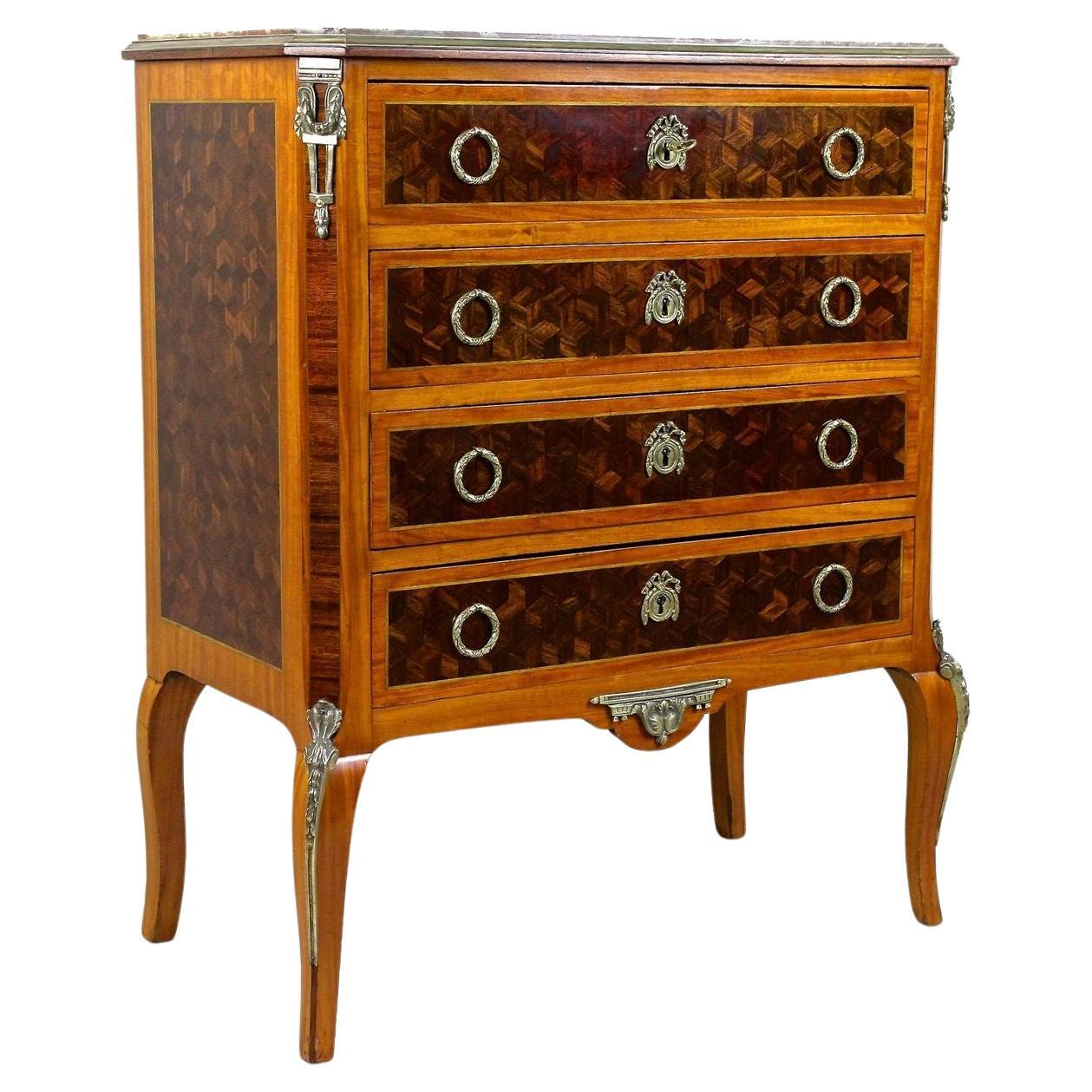19th Century French Transitional Marquetry Chest of Drawers, France, circa 1870 For Sale