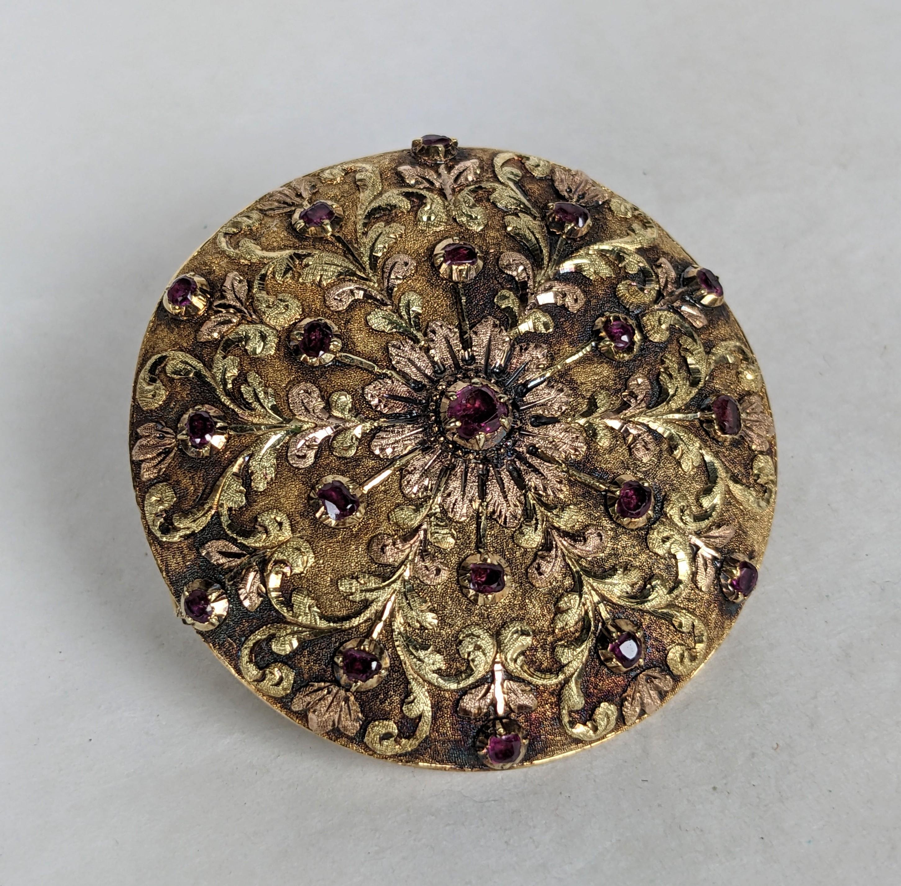 Round Cut 19th Century French Tri Color Gold Ruby Brooch For Sale