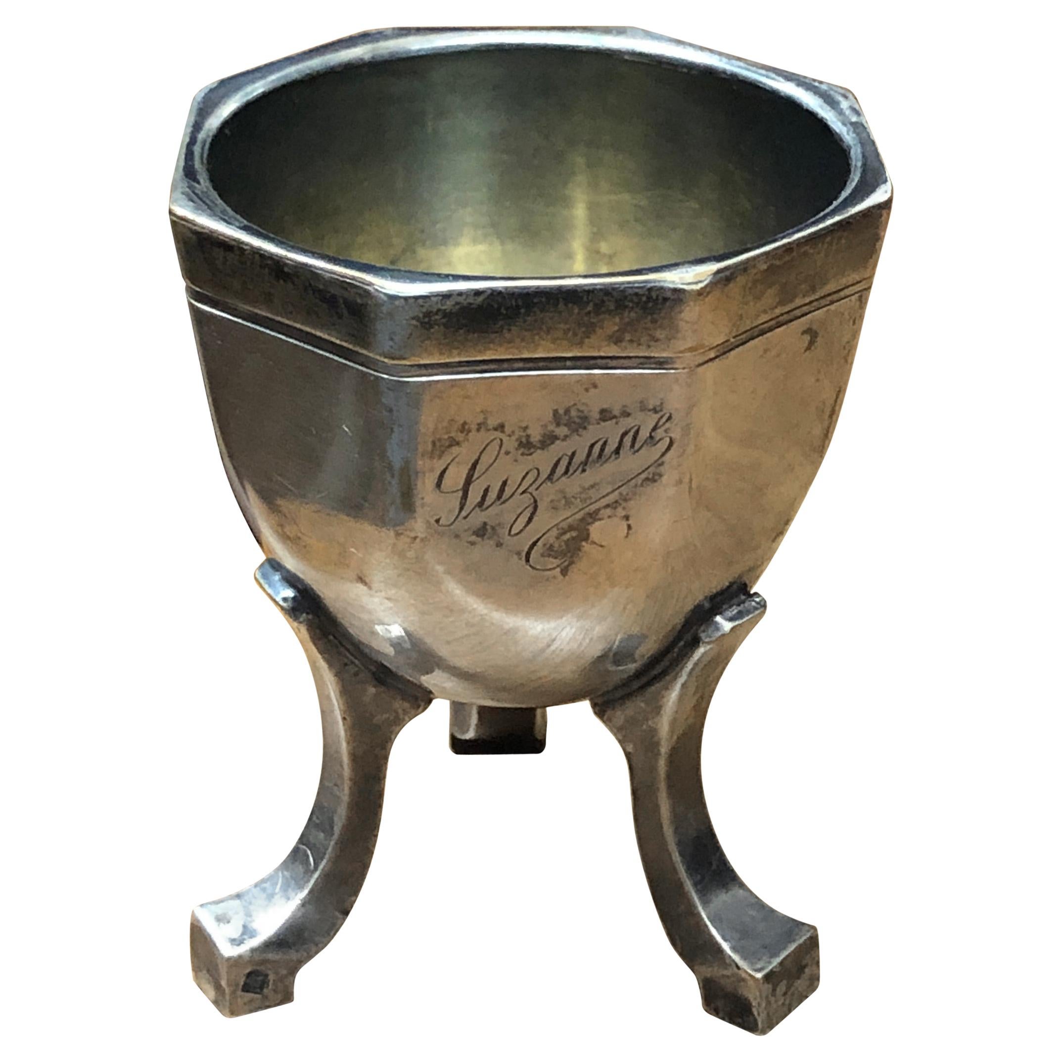19th Century French Tripod Silver Egg Cup Marked "Suzanne" For Sale