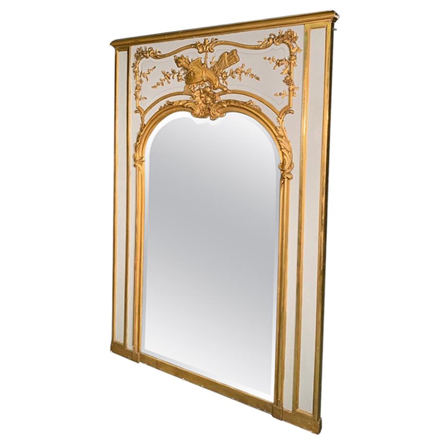 19th Century French Trumeau Mirror in Paint and Gilt with Bevelled