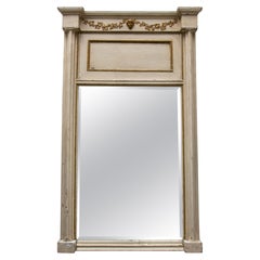 Antique 19th Century French Trumeau Mirror Polychromed in Cream and Gold