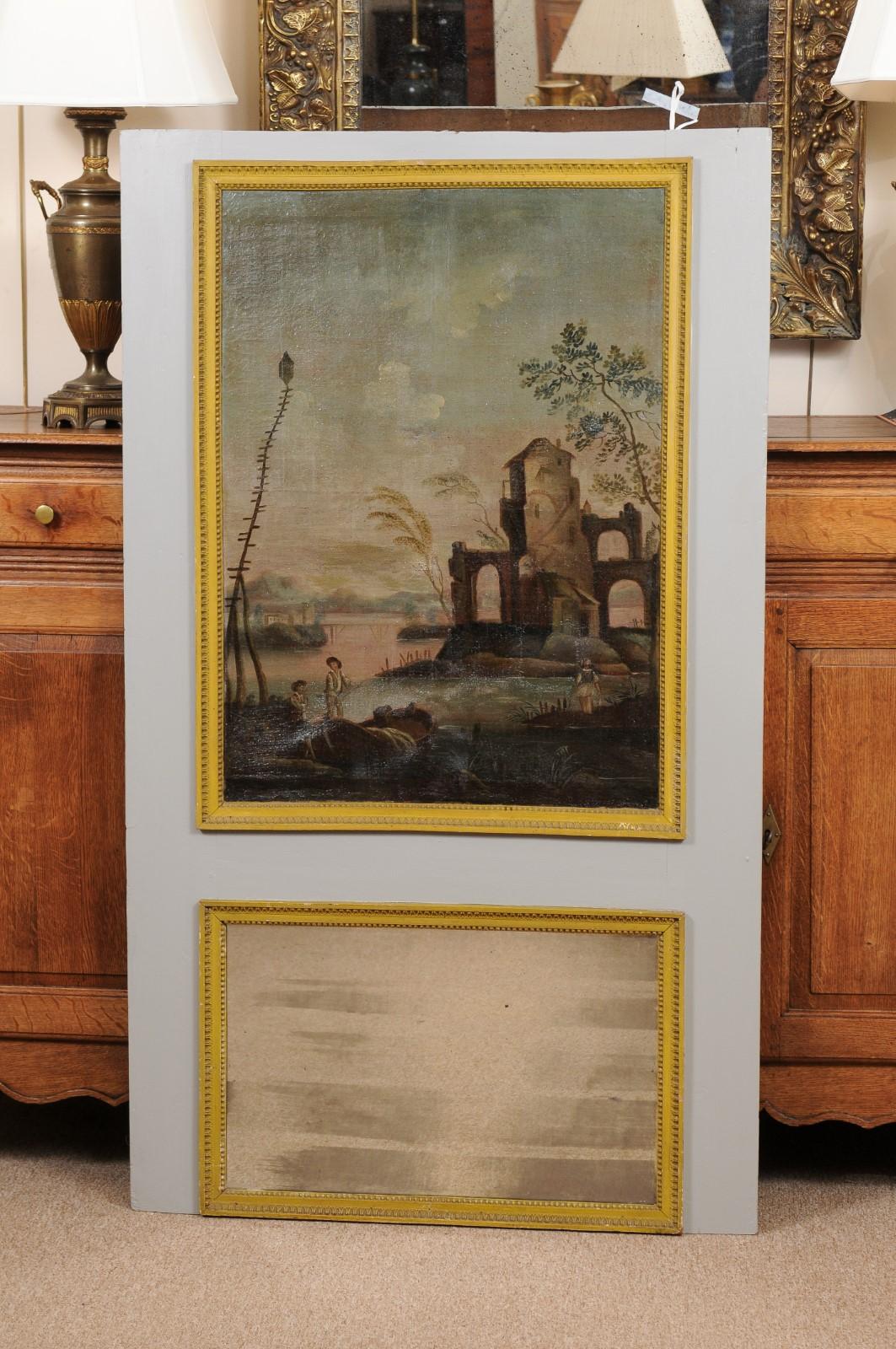 19th century French blue painted trumeau mirror with oil on canvas landscape painting in muted hues and Gilt Accents. Painting features waterfront scene with fishermen.