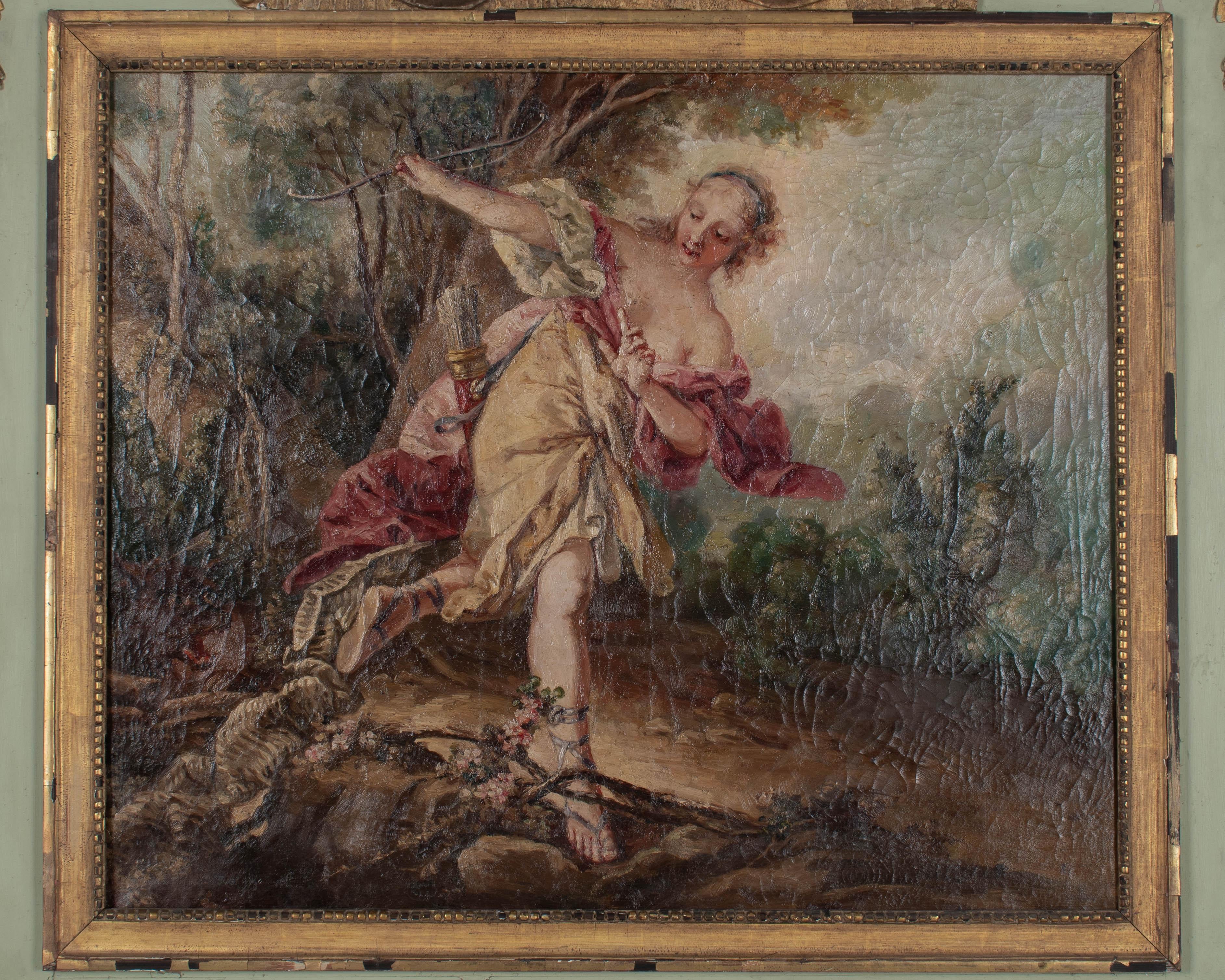 Intagliato a mano Specchio francese Trumeau del XIX secolo con dipinto 58 