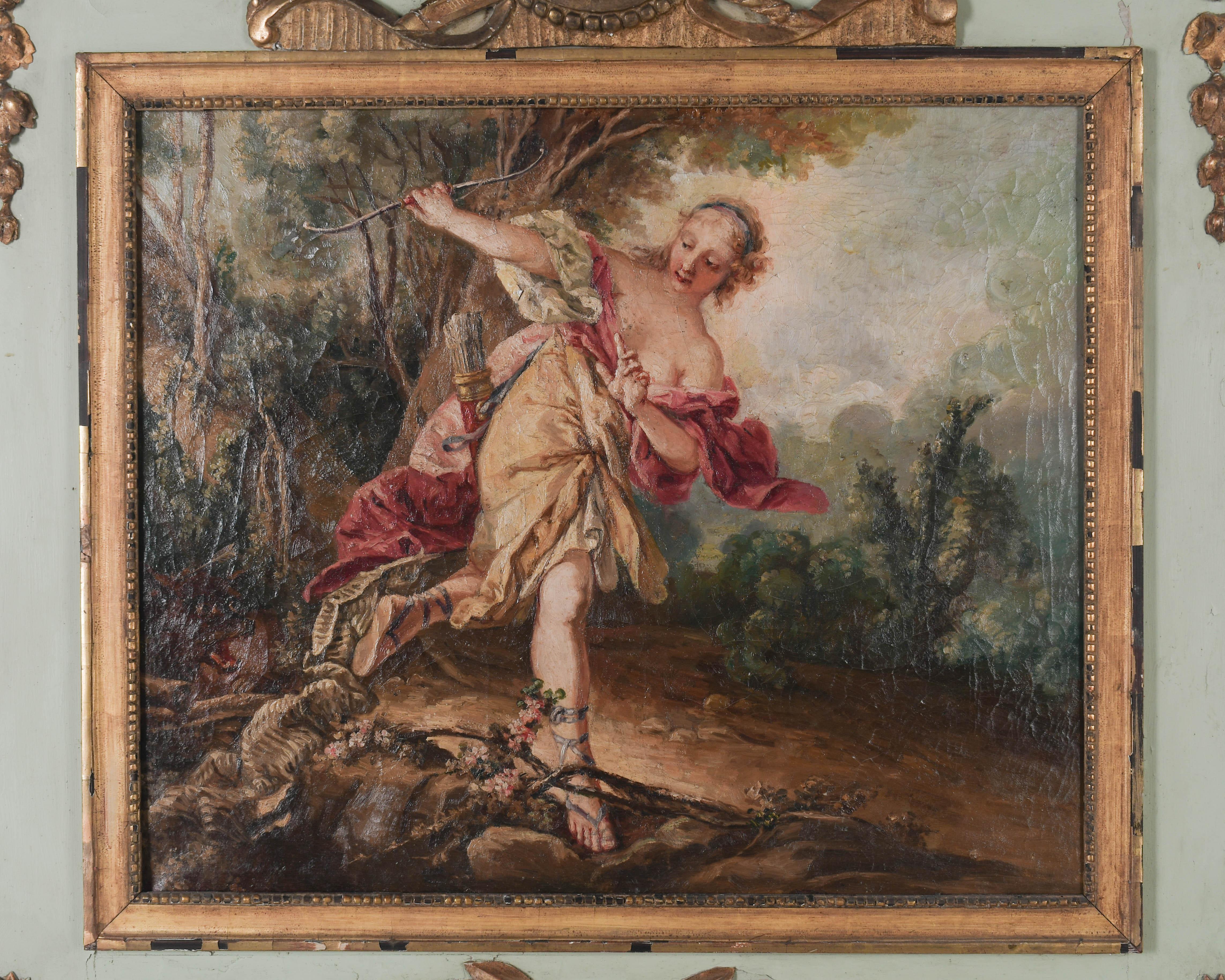 Miroir trumeau de style Louis XVI français du début du 19e siècle avec une grande peinture représentant Diane, la déesse de la chasse. Huile sur toile aux couleurs vives, avec de fortes craquelures, des pertes de peinture et des repeints. Cadre en