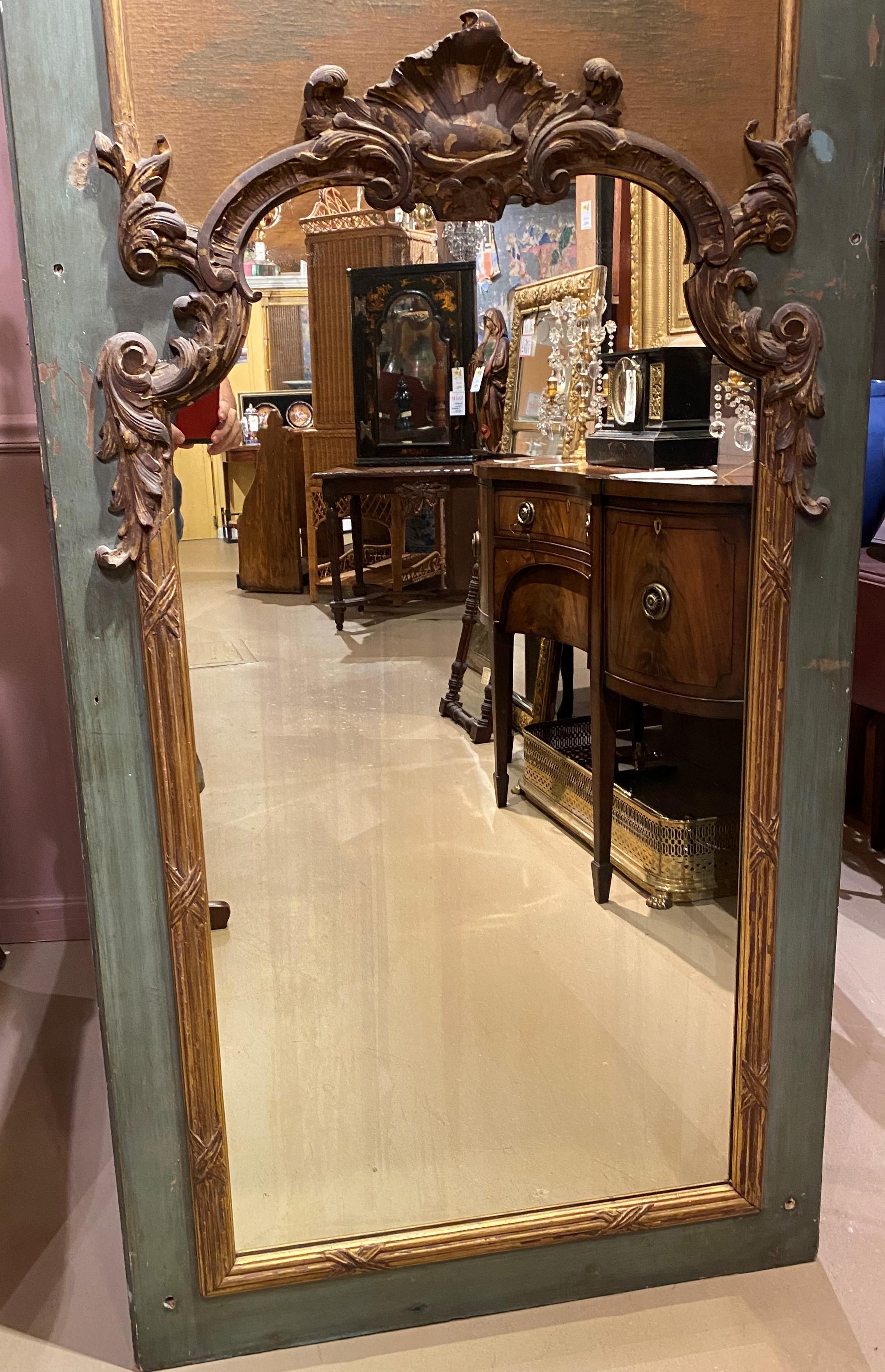 Hand-Carved 19th Century French Trumeau Mirror with Rococo Carving & Chinoiserie