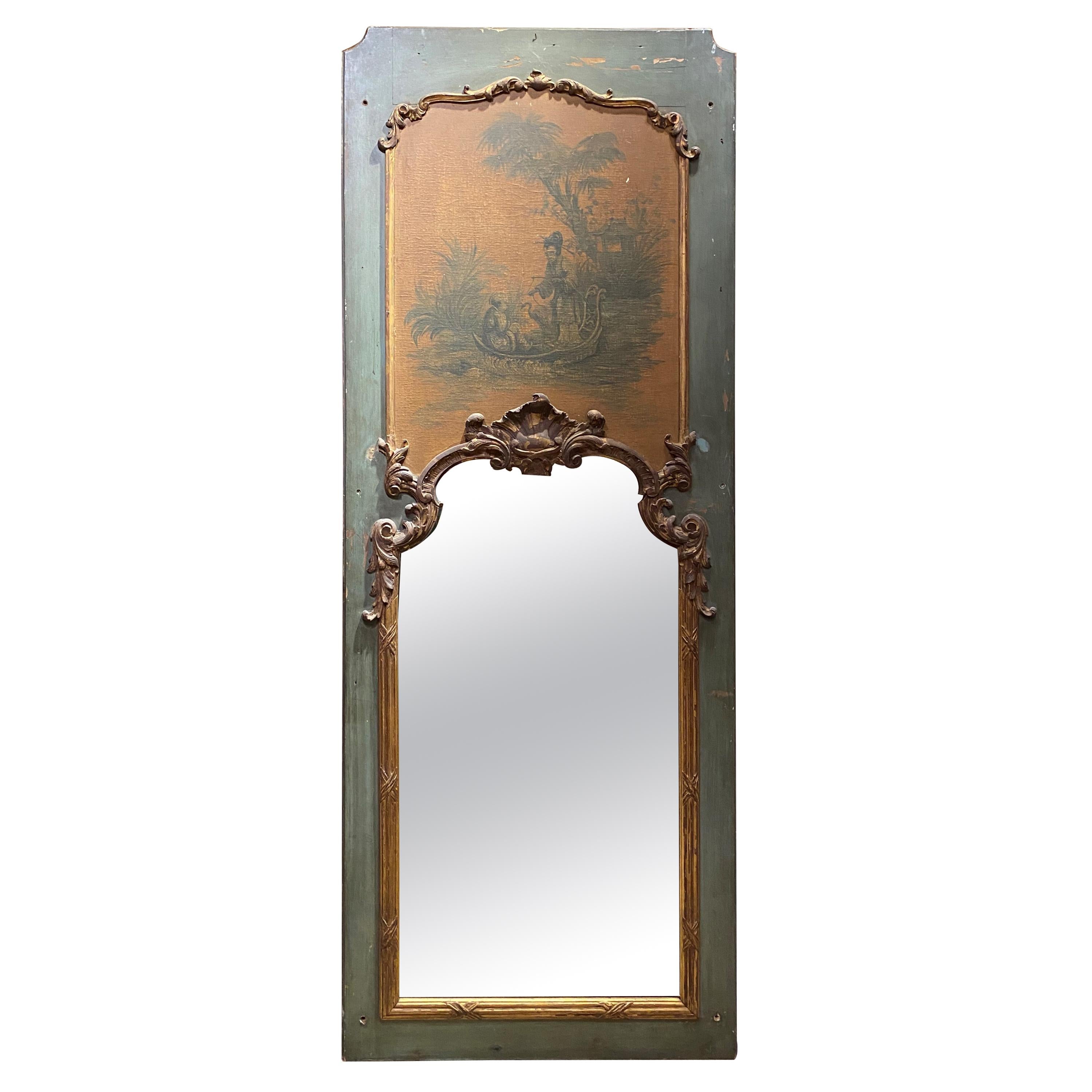 19th Century French Trumeau Mirror with Rococo Carving & Chinoiserie