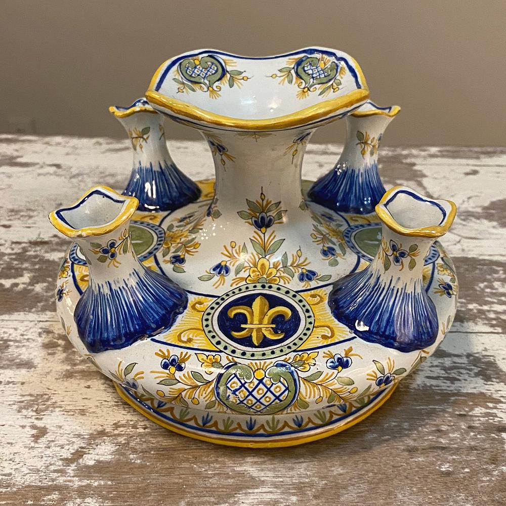 19th century French Tulip vase from Rouen was cast in a unique shape from local clays then masterfully shaped by the artisans of Rouen, known across Europe for their provincial, unique colorations and designs. Cobalt blue, mustard yellow and a rich