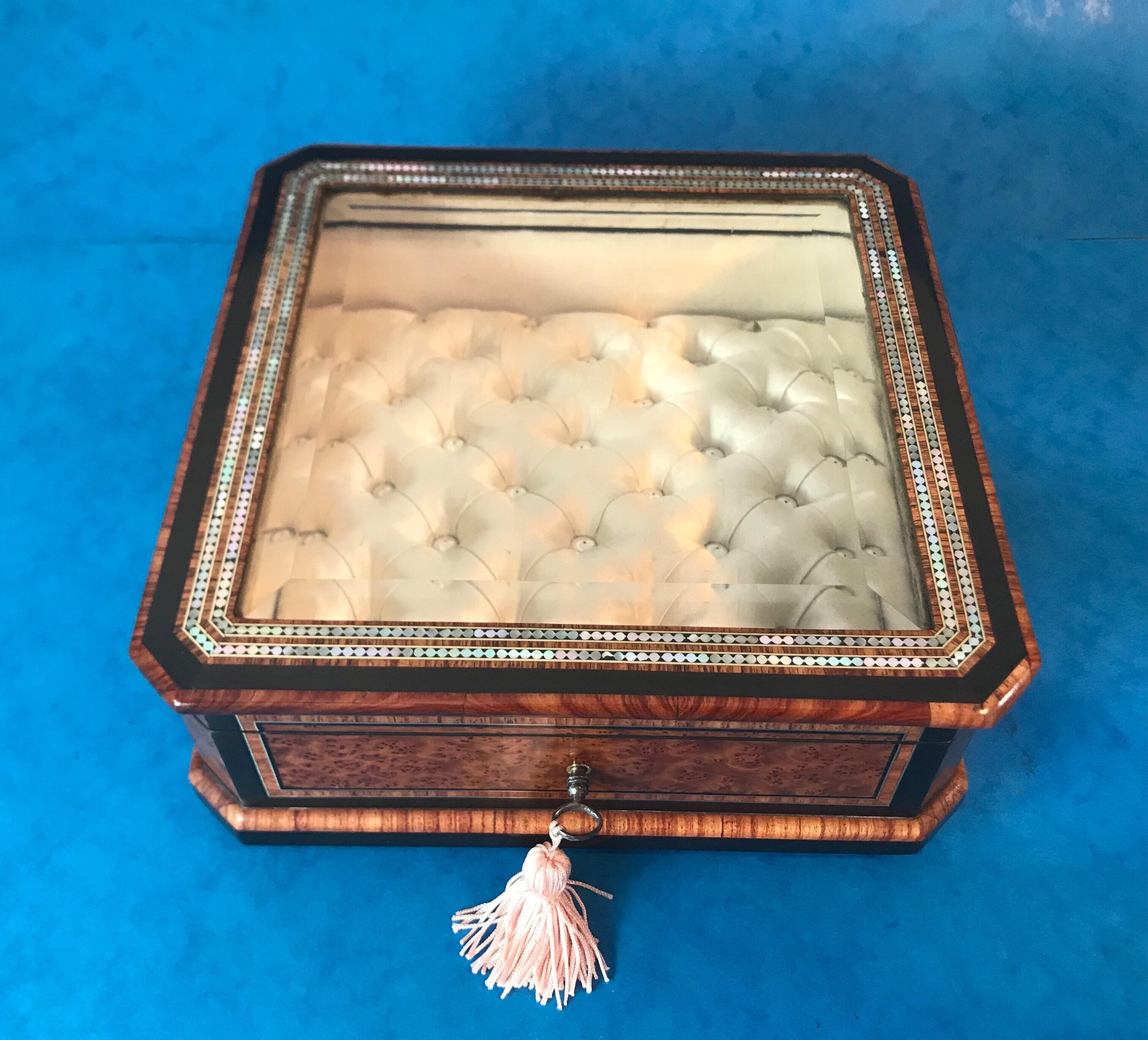 19th Century French Tulipwood Cross Banded, Burr Cedar Jewellery Display Box 13