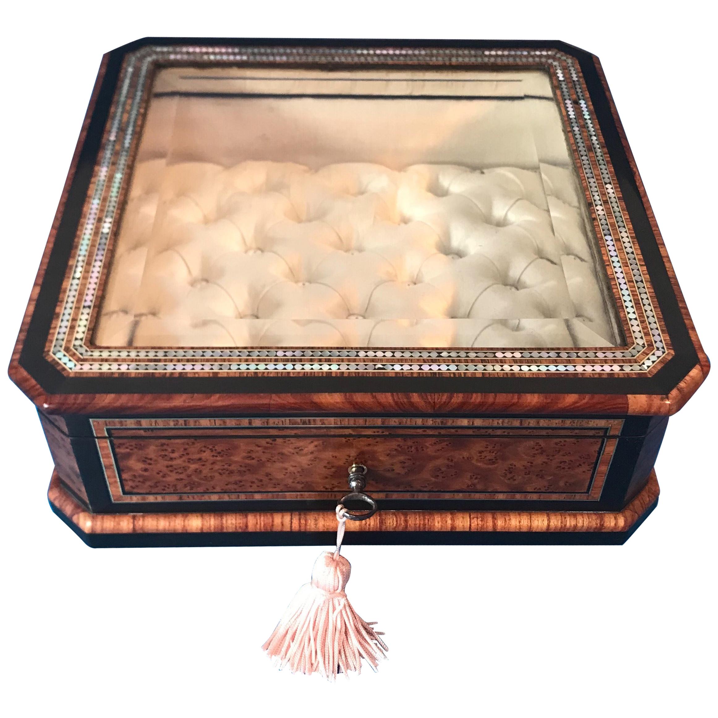 19th Century French Tulipwood Cross Banded, Burr Cedar Jewellery Display Box