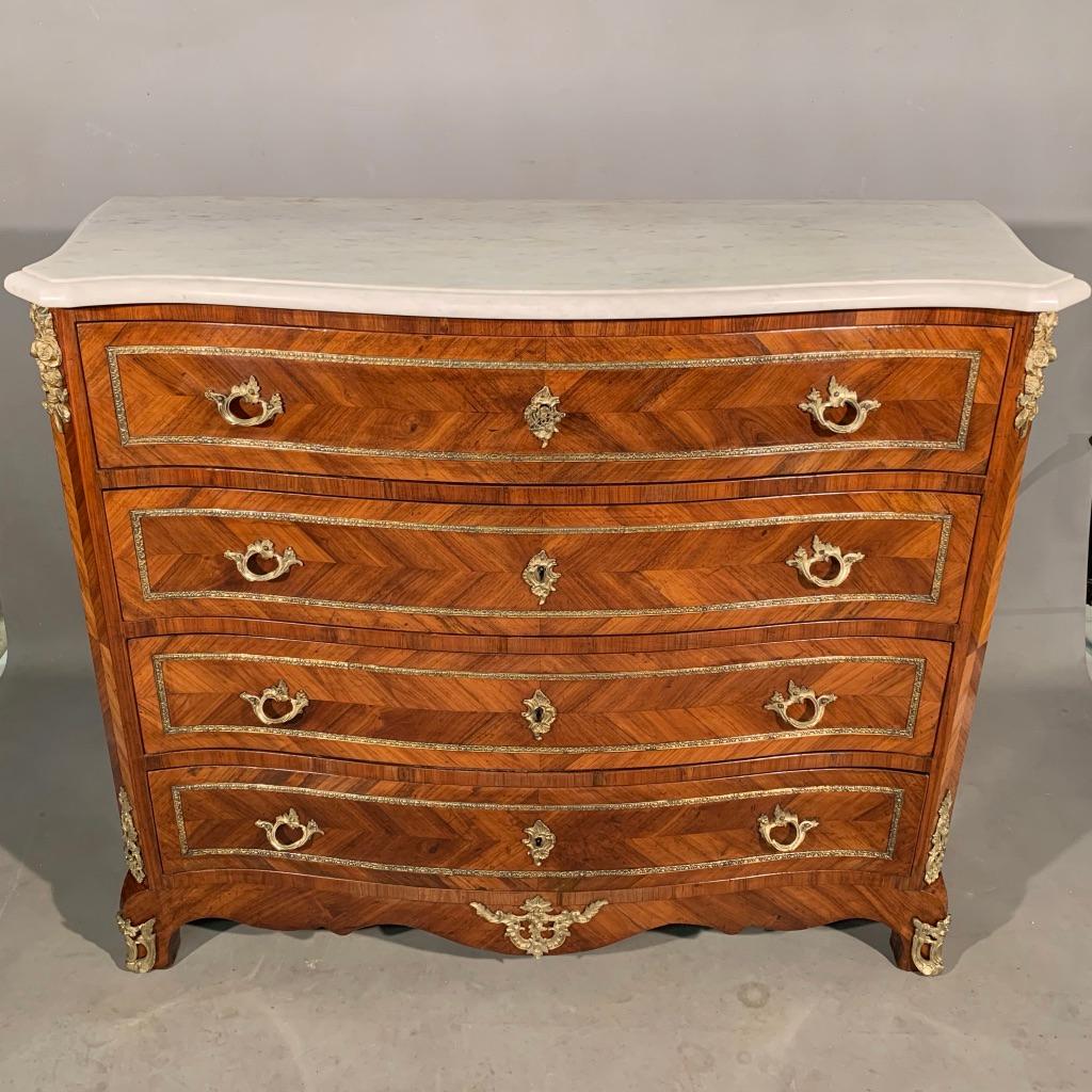 19th Century French Tulipwood Serpentine Commode with Original Brass and Marble 9