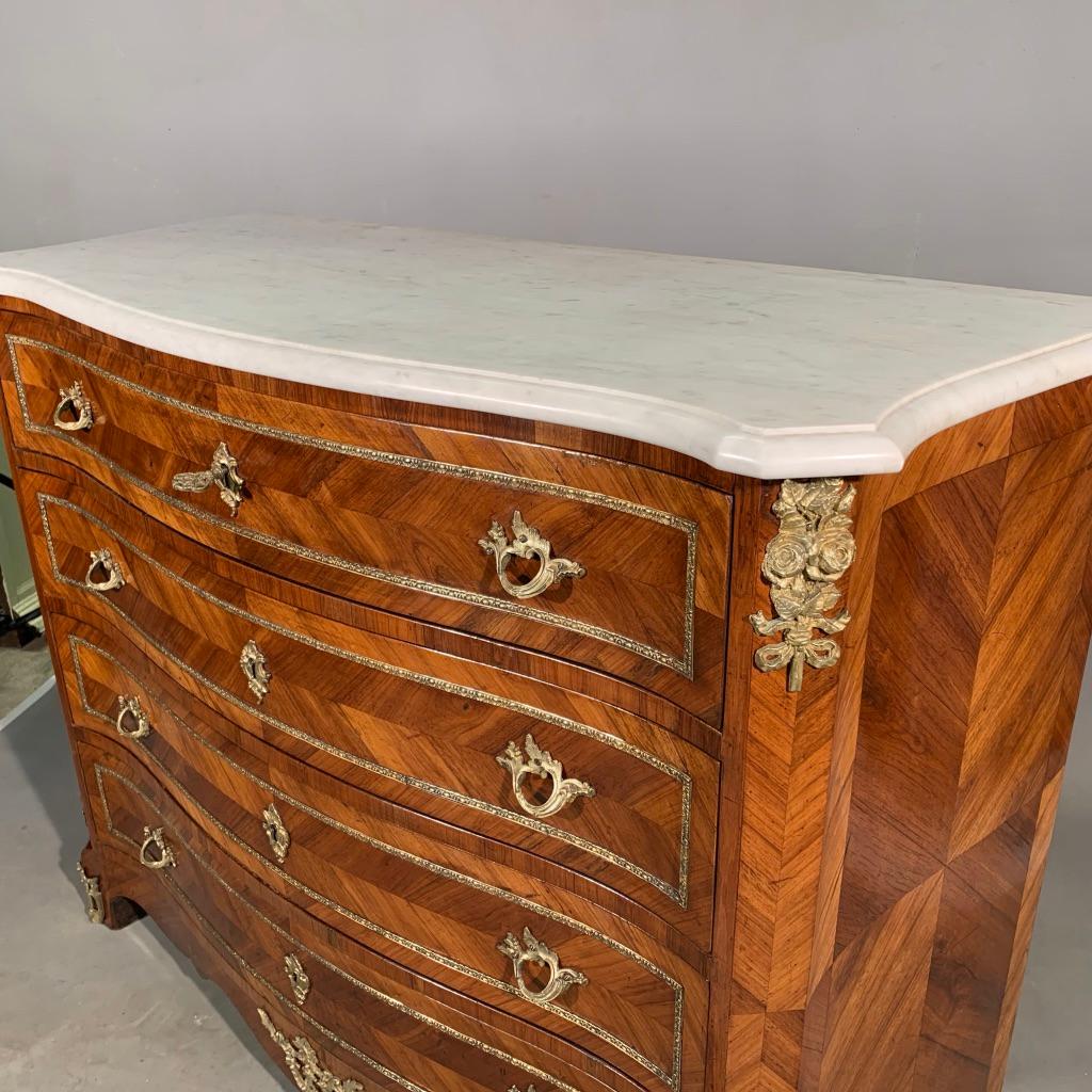Louis XV 19th Century French Tulipwood Serpentine Commode with Original Brass and Marble