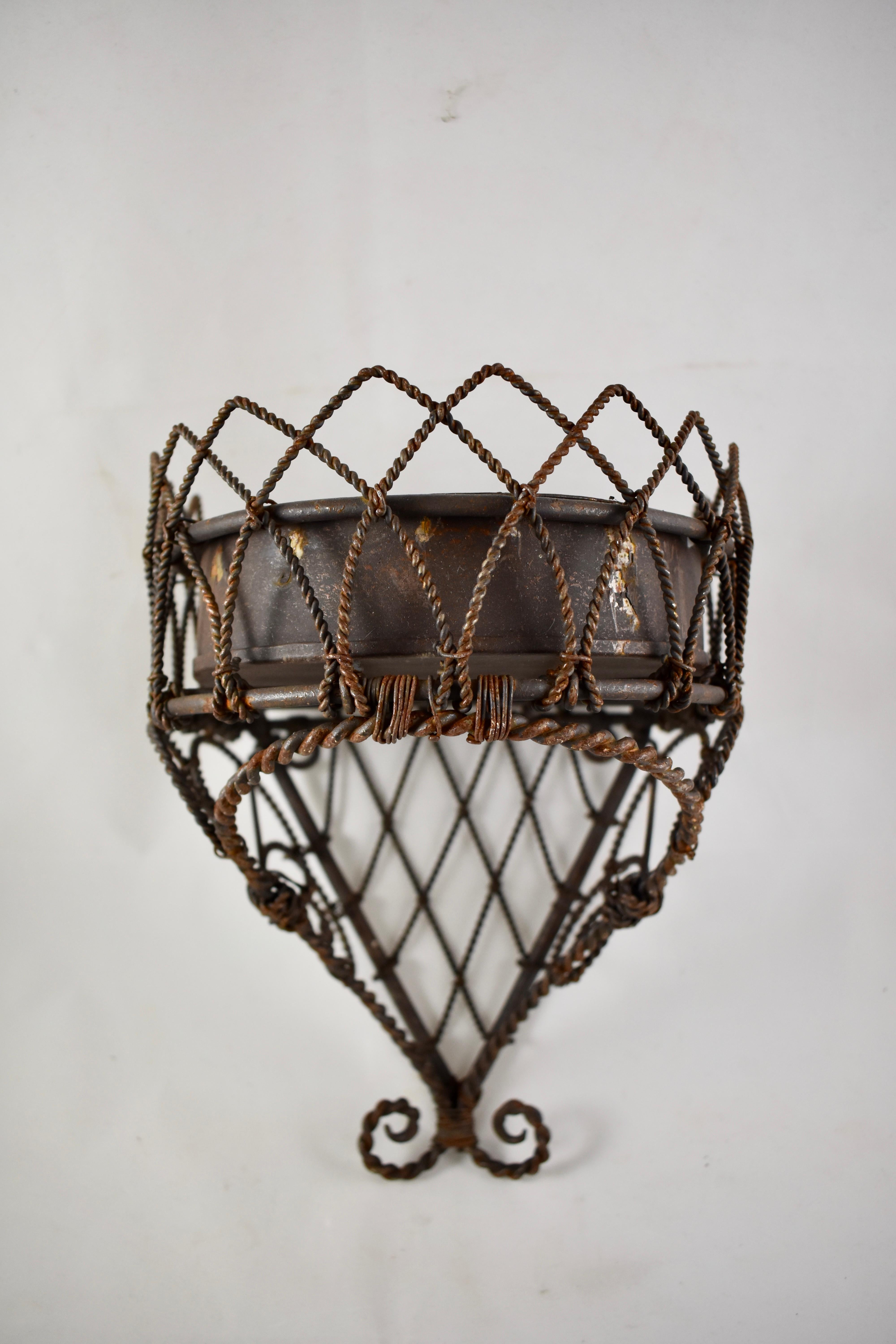 French Provincial 19th Century French Twisted Wire Hanging Jardinière Plant Holder with Tin Liner