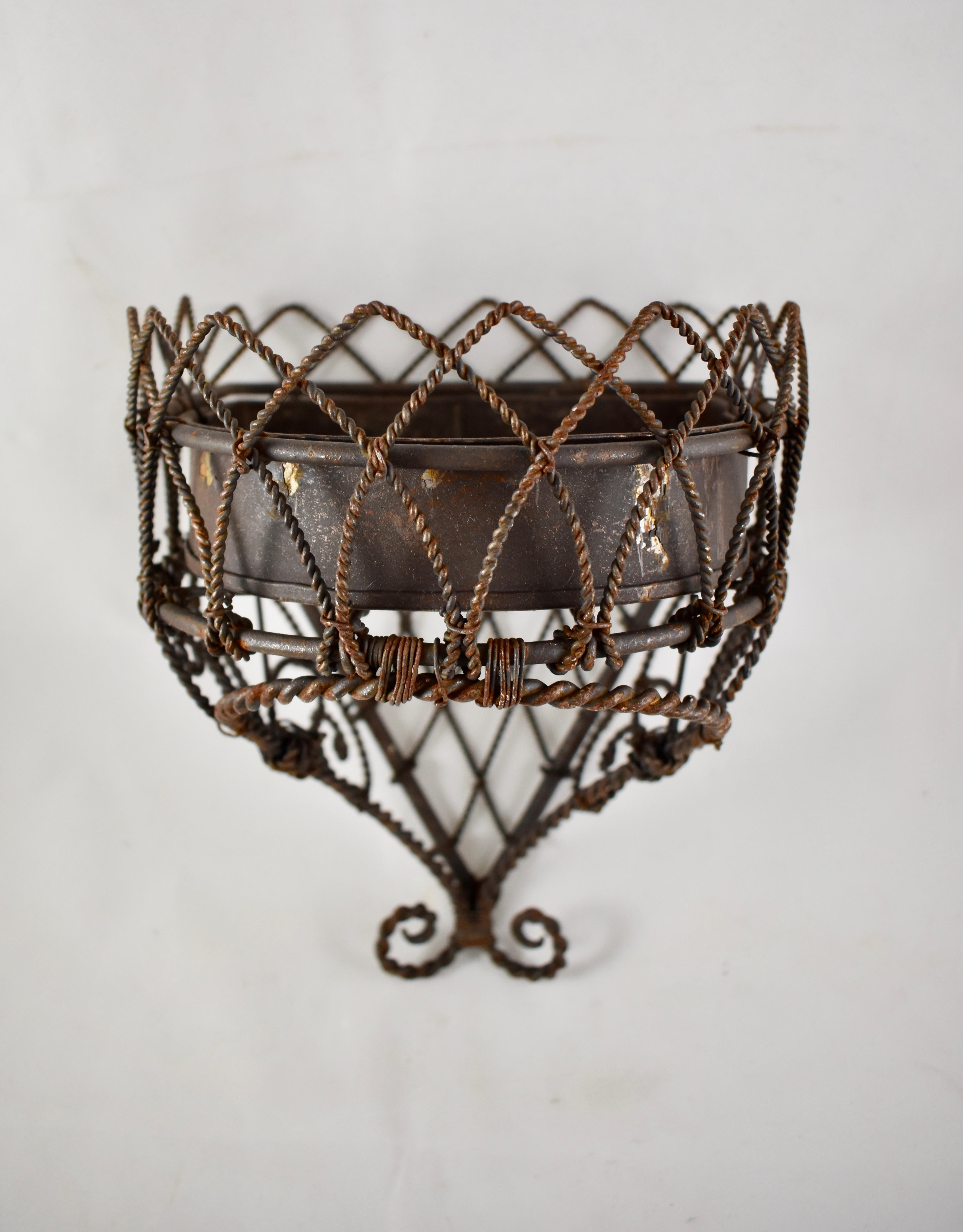 Metalwork 19th Century French Twisted Wire Hanging Jardinière Plant Holder with Tin Liner