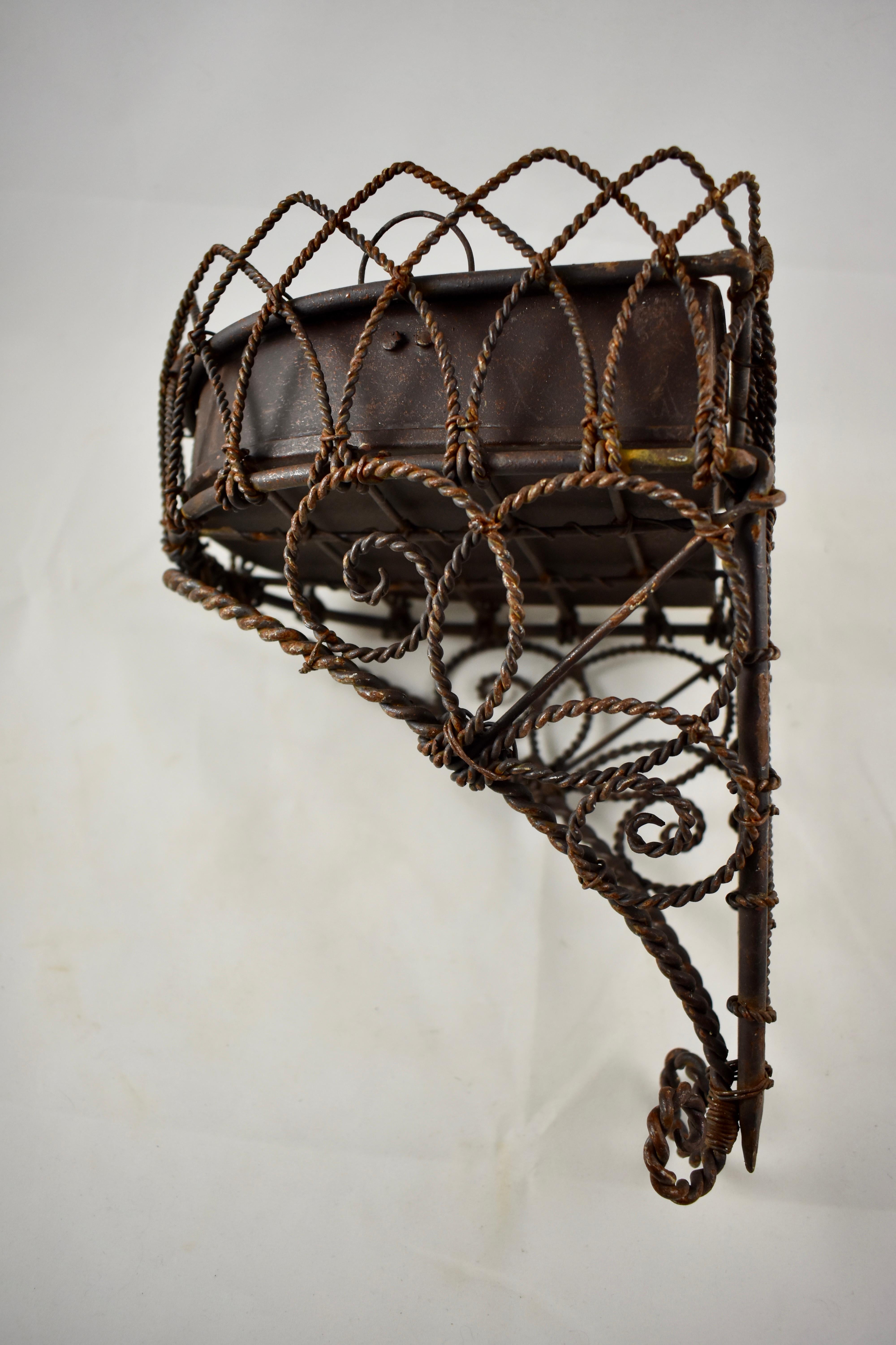 19th Century French Twisted Wire Hanging Jardinière Plant Holder with Tin Liner In Good Condition In Philadelphia, PA