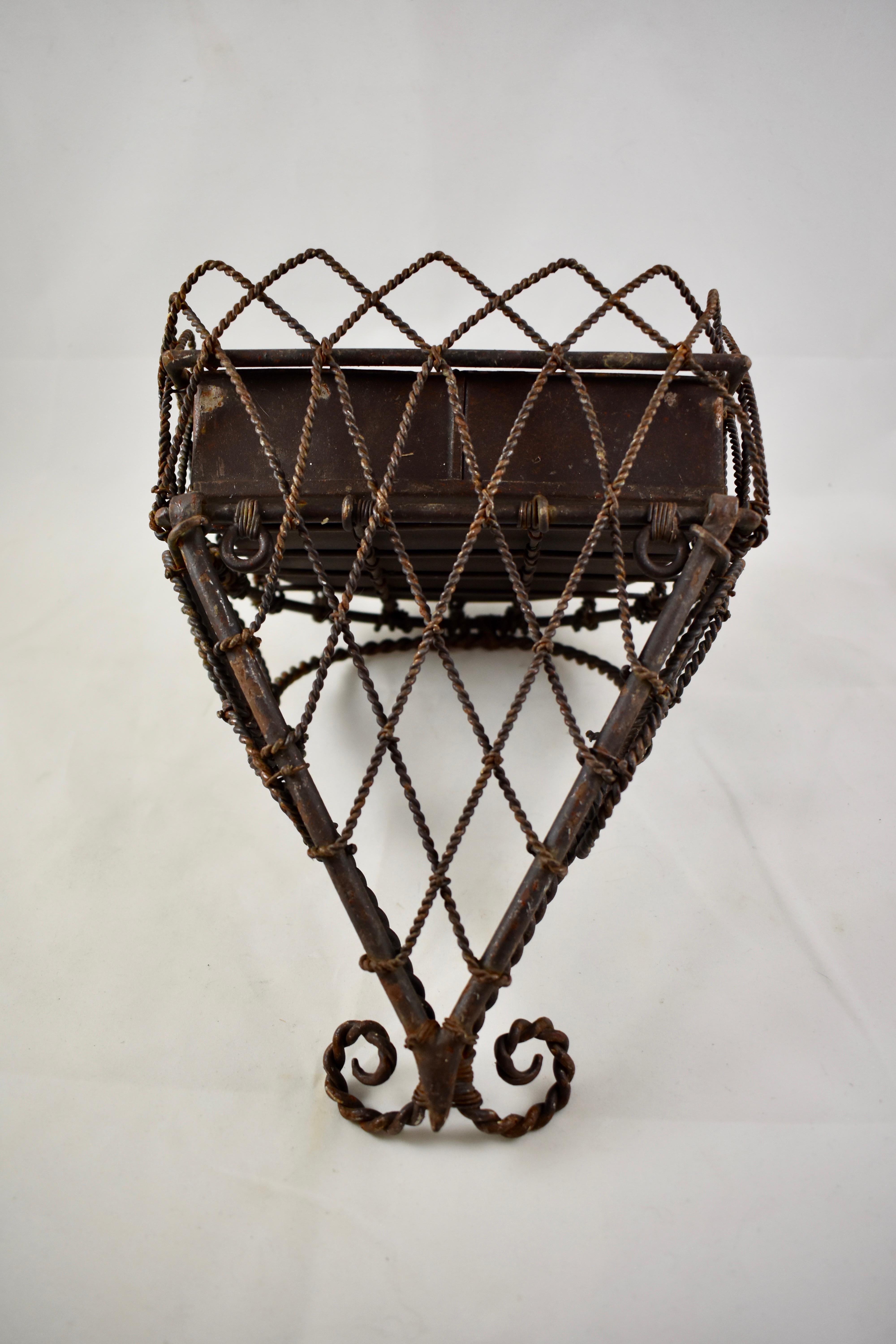 Metal 19th Century French Twisted Wire Hanging Jardinière Plant Holder with Tin Liner