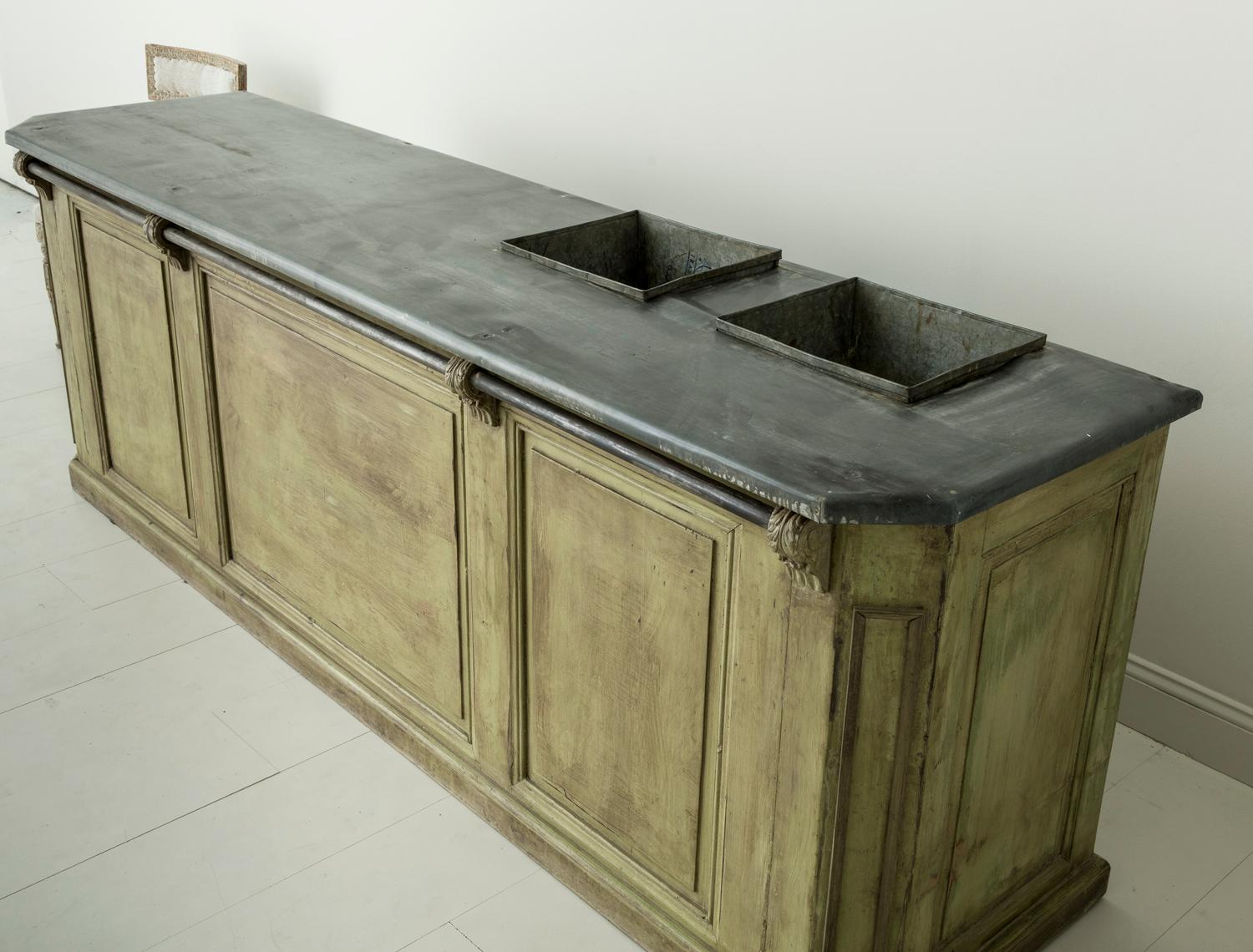 Hand-Carved 19th Century French Two-Part Painted Dry Bar with Zinc Top