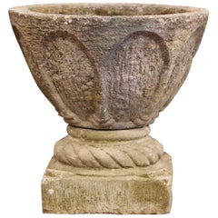 19th Century French Two-Piece Carved Patinated Stone Planter with Motifs