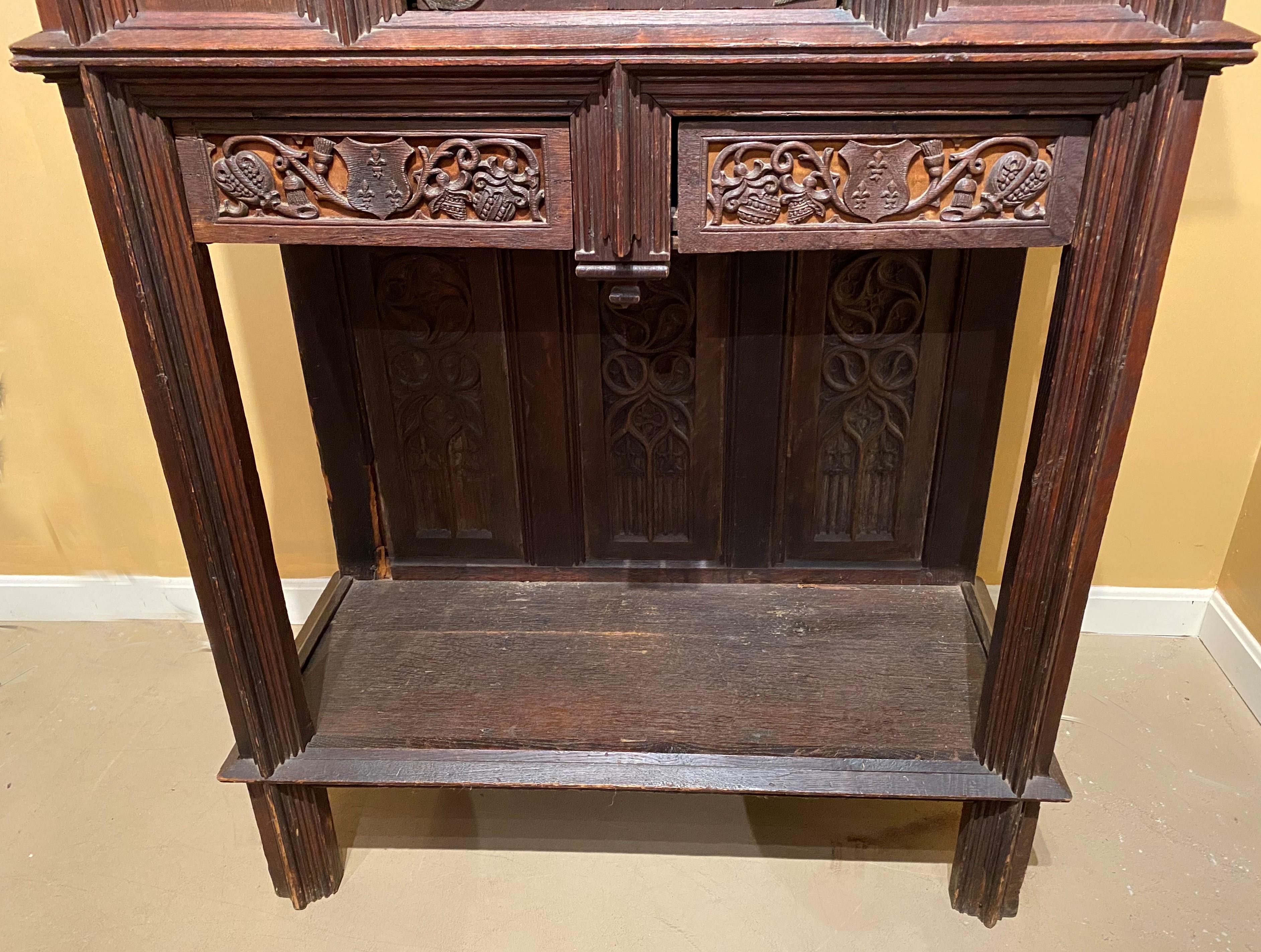 Gothic Revival 19th Century French Two-Piece Gothic Style Oak Cabinet For Sale