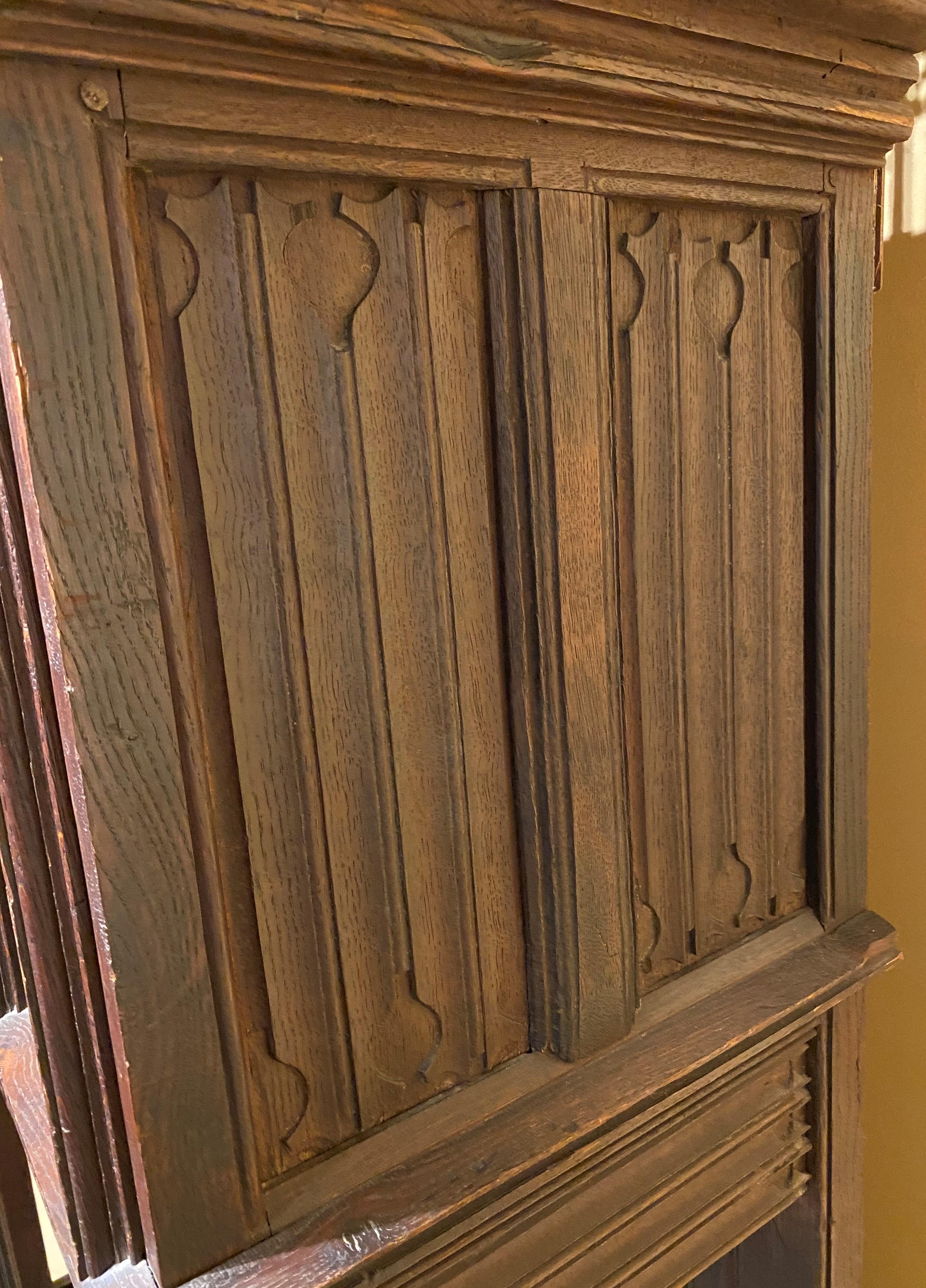 Hand-Carved 19th Century French Two-Piece Gothic Style Oak Cabinet For Sale