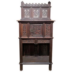 19th Century French Two-Piece Gothic Style Oak Cabinet