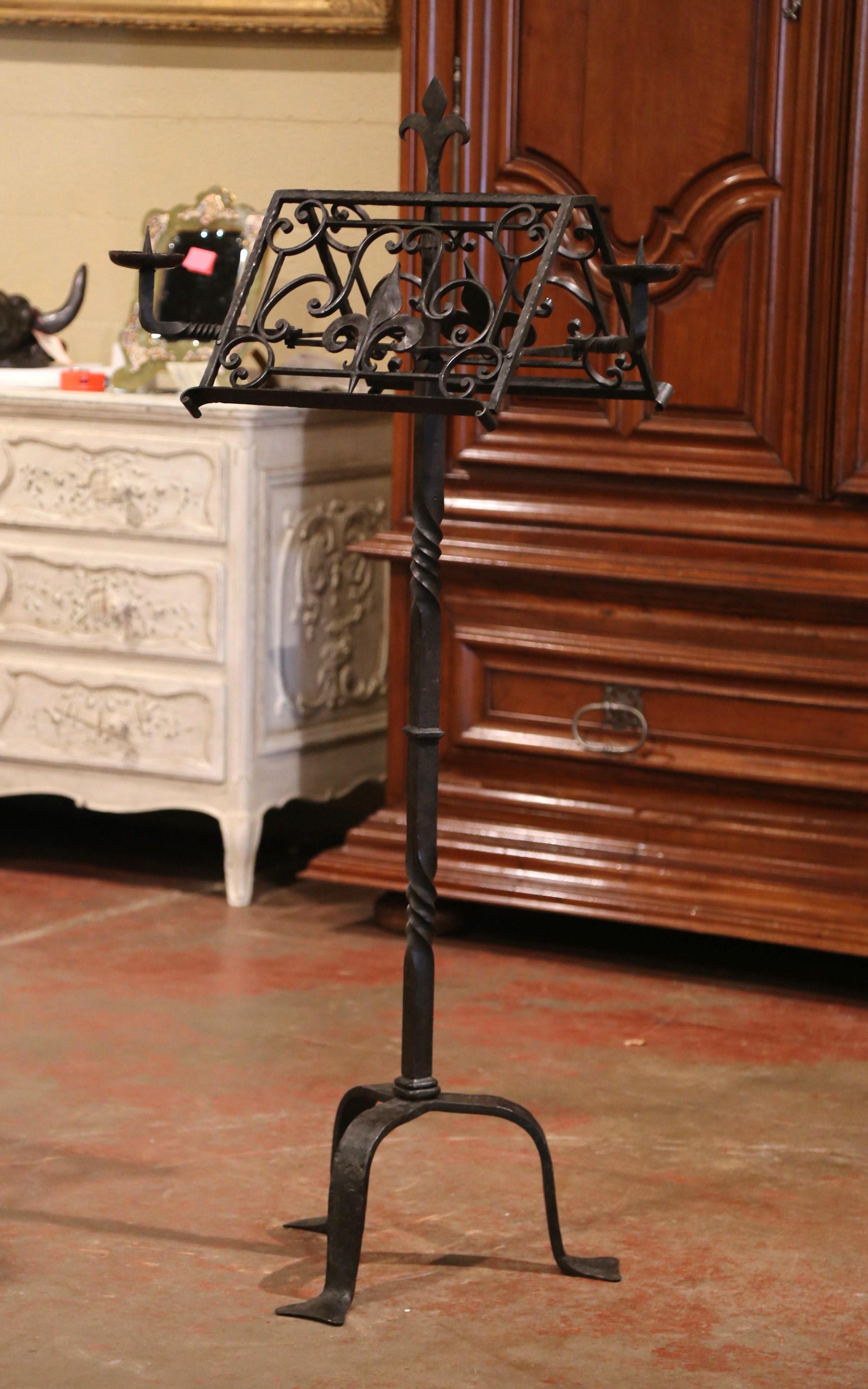 Patinated 19th Century French Two-Side Forged Iron Music Stand Lectern with Fleur-de-Lis