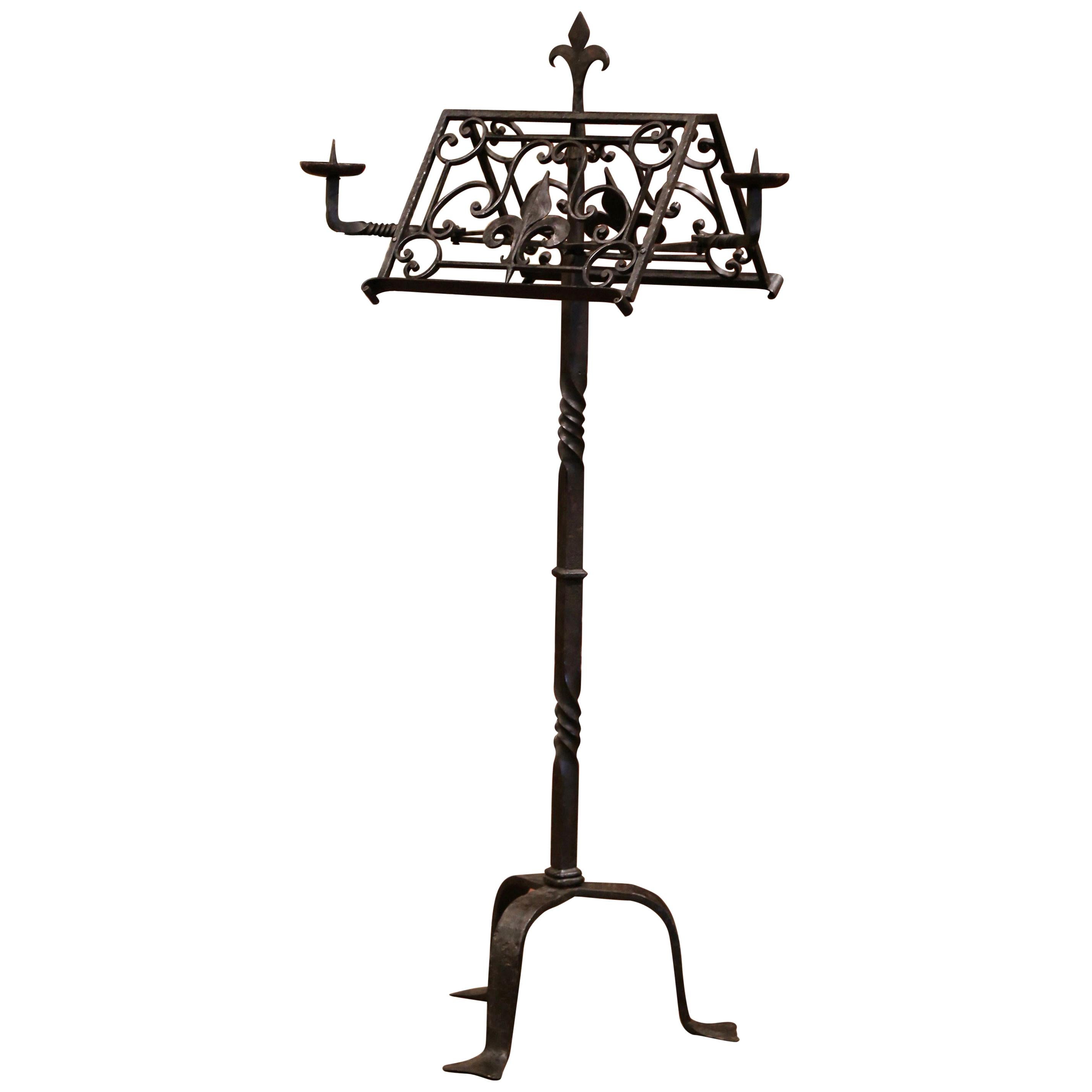 19th Century French Two-Side Forged Iron Music Stand Lectern with Fleur-de-Lis