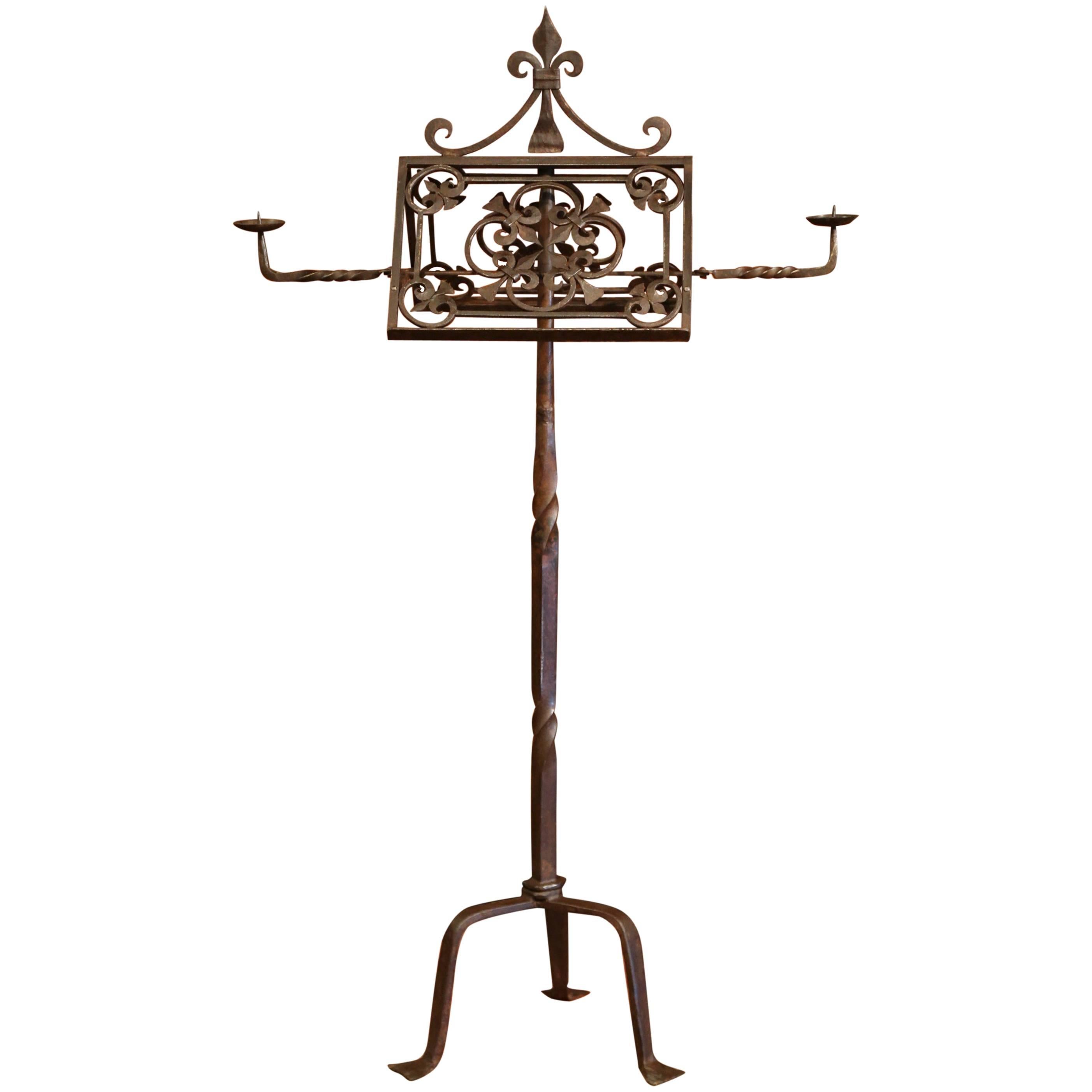 19th Century French Two-Side Forged Iron Music Stand Lectern with Fleur-de-Lys