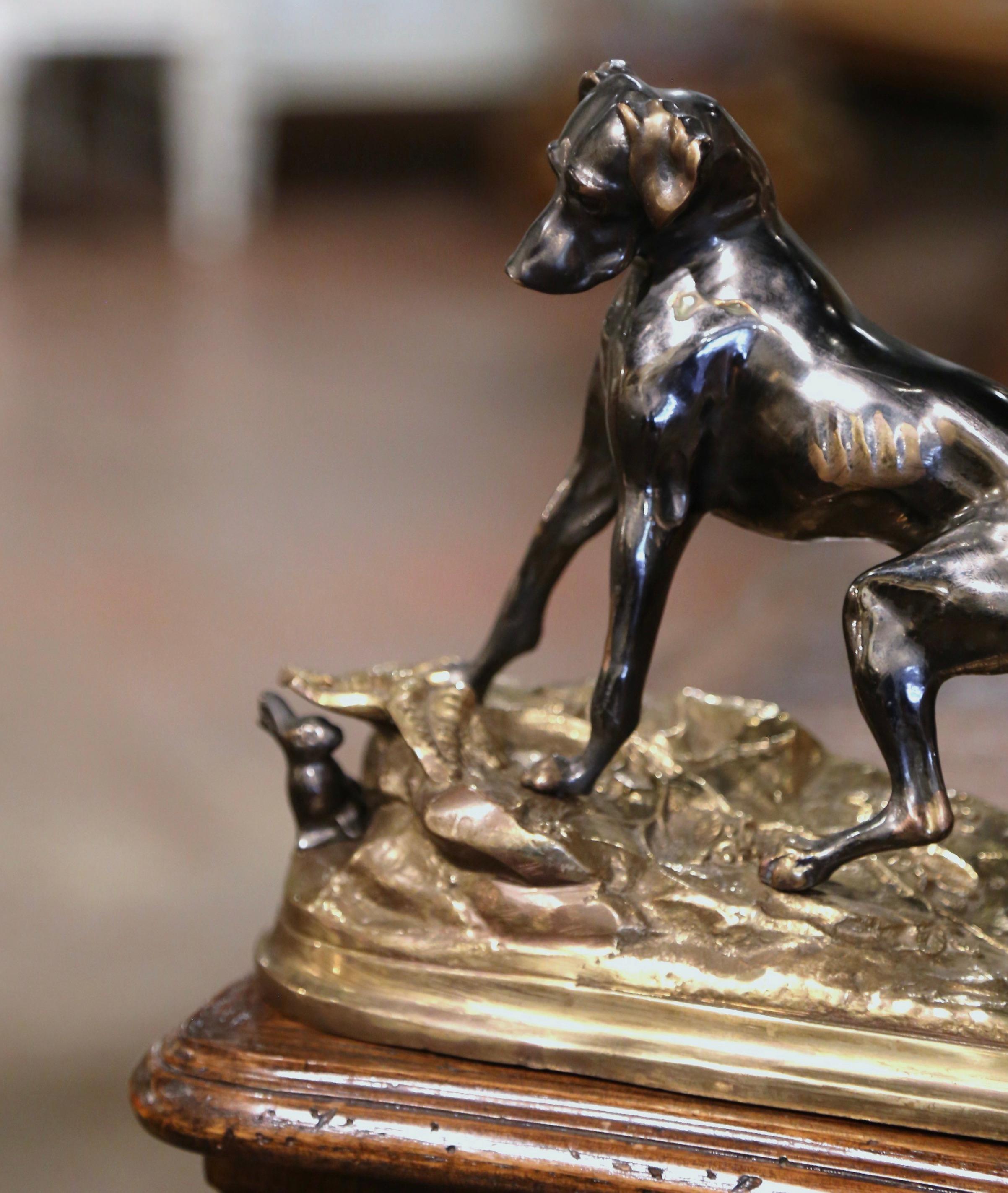 19th Century French Two-Tone Bronze Dog & Rabbit Sculpture Signed Jules Moigniez In Excellent Condition For Sale In Dallas, TX
