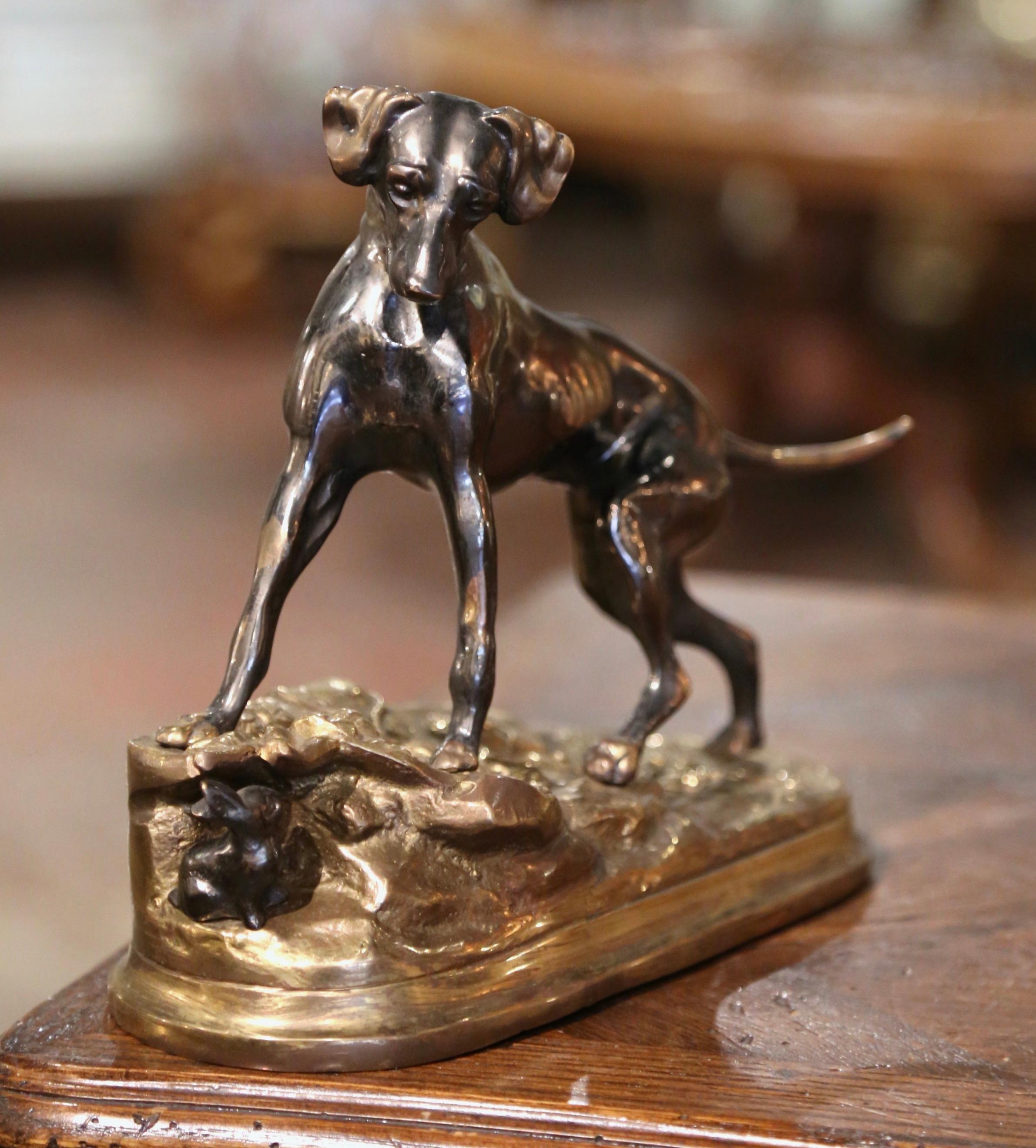 19th Century French Two-Tone Bronze Dog & Rabbit Sculpture Signed Jules Moigniez For Sale 3