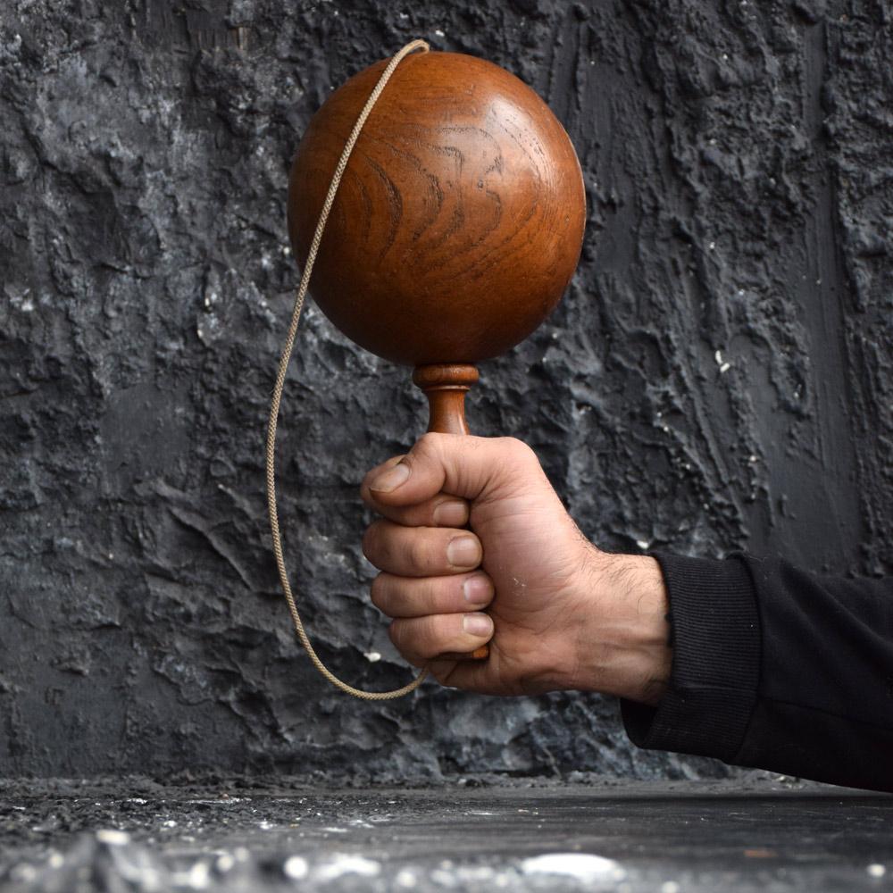 19th century Bilboquet game
We are proud to offer a 19th century antique treen unusually oversized bilboquet, the idea is to catch the ball on the end of the spike. This item is unusual due to its large sized ball it’s not as easy as it might