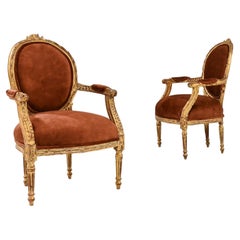 19th Century French Upholstered Armchairs, A Pair