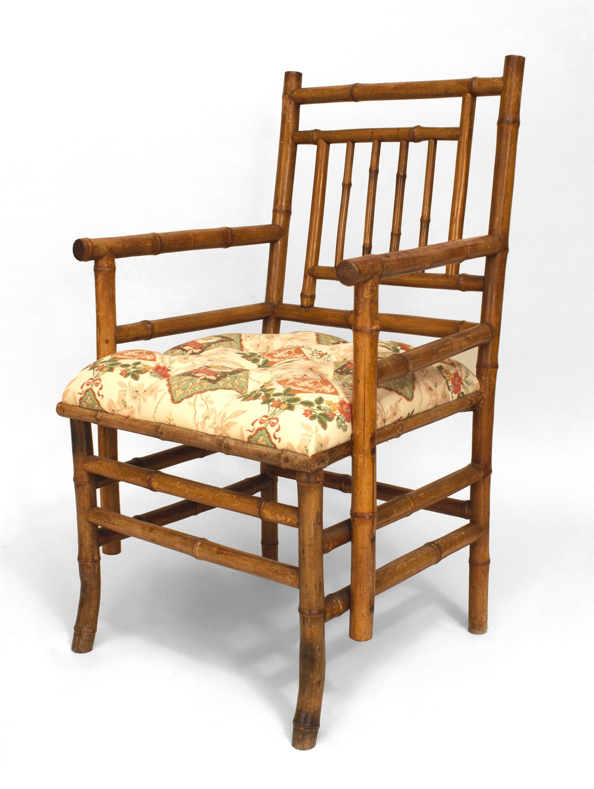 Bamboo (19th Cent-possibly French) arm chair with a floral upholstered seat and open spindle design back supported with a box form stretcher
