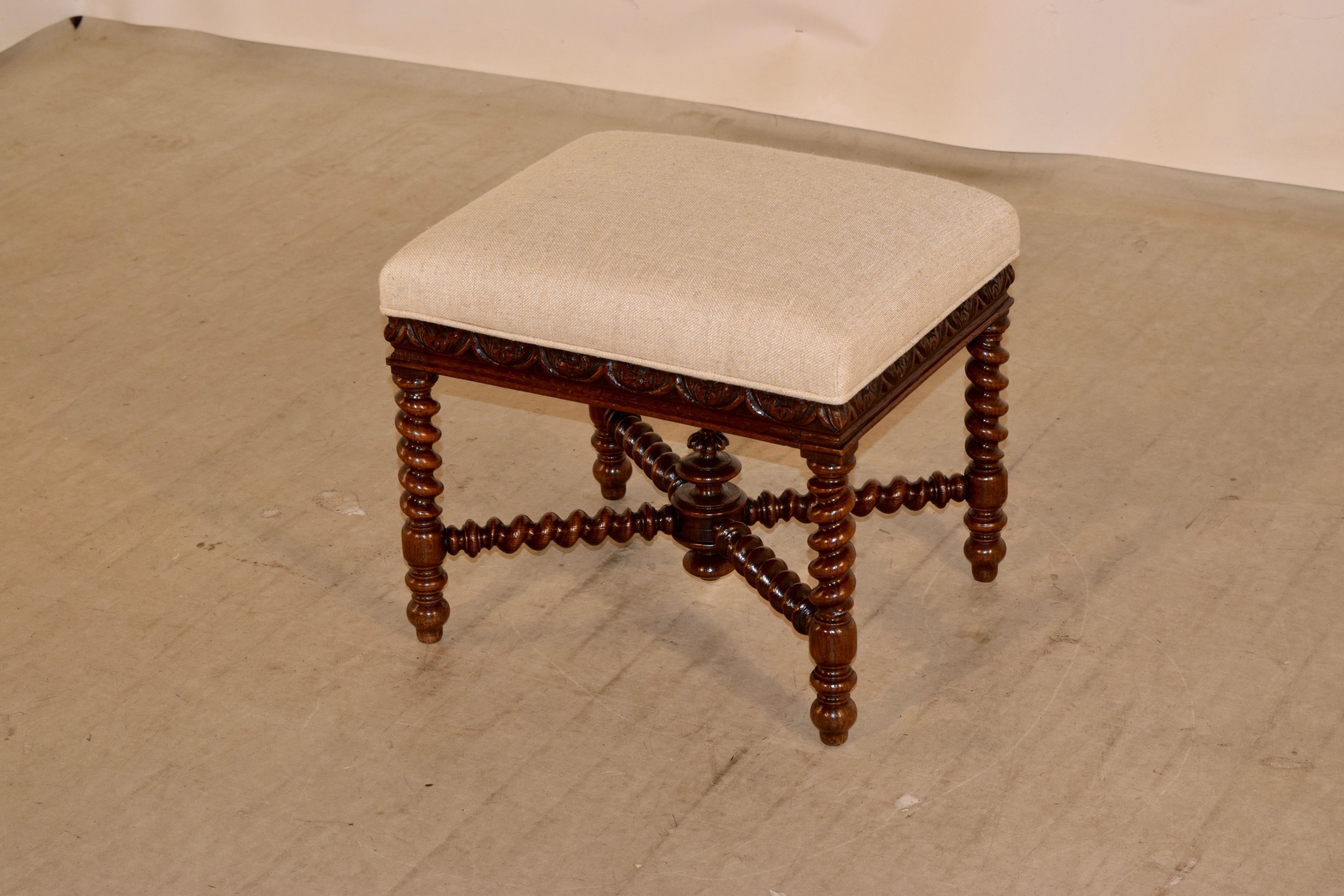 Turned 19th Century French Upholstered Stool