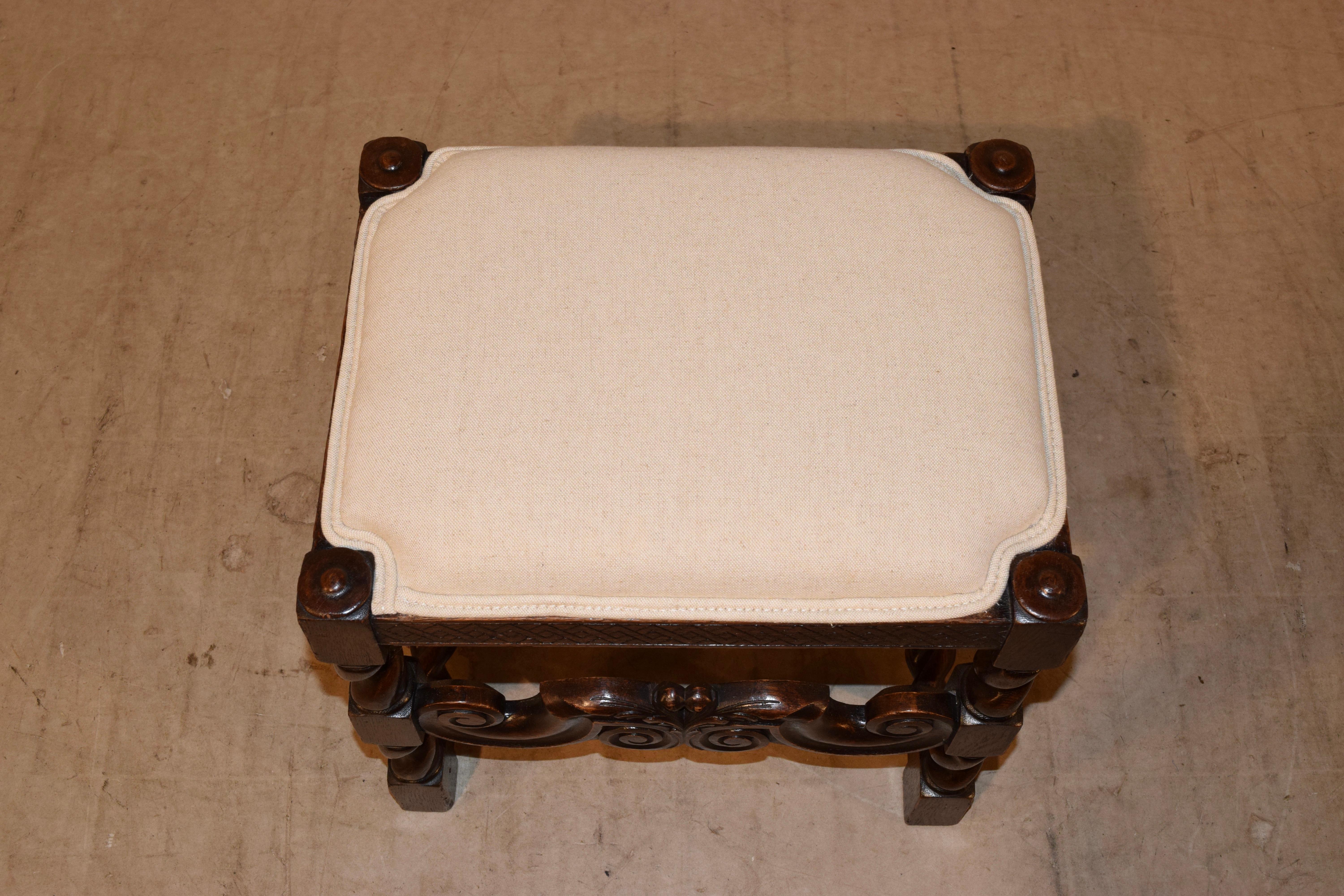 Hand-Carved 19th Century French Upholstered Stool