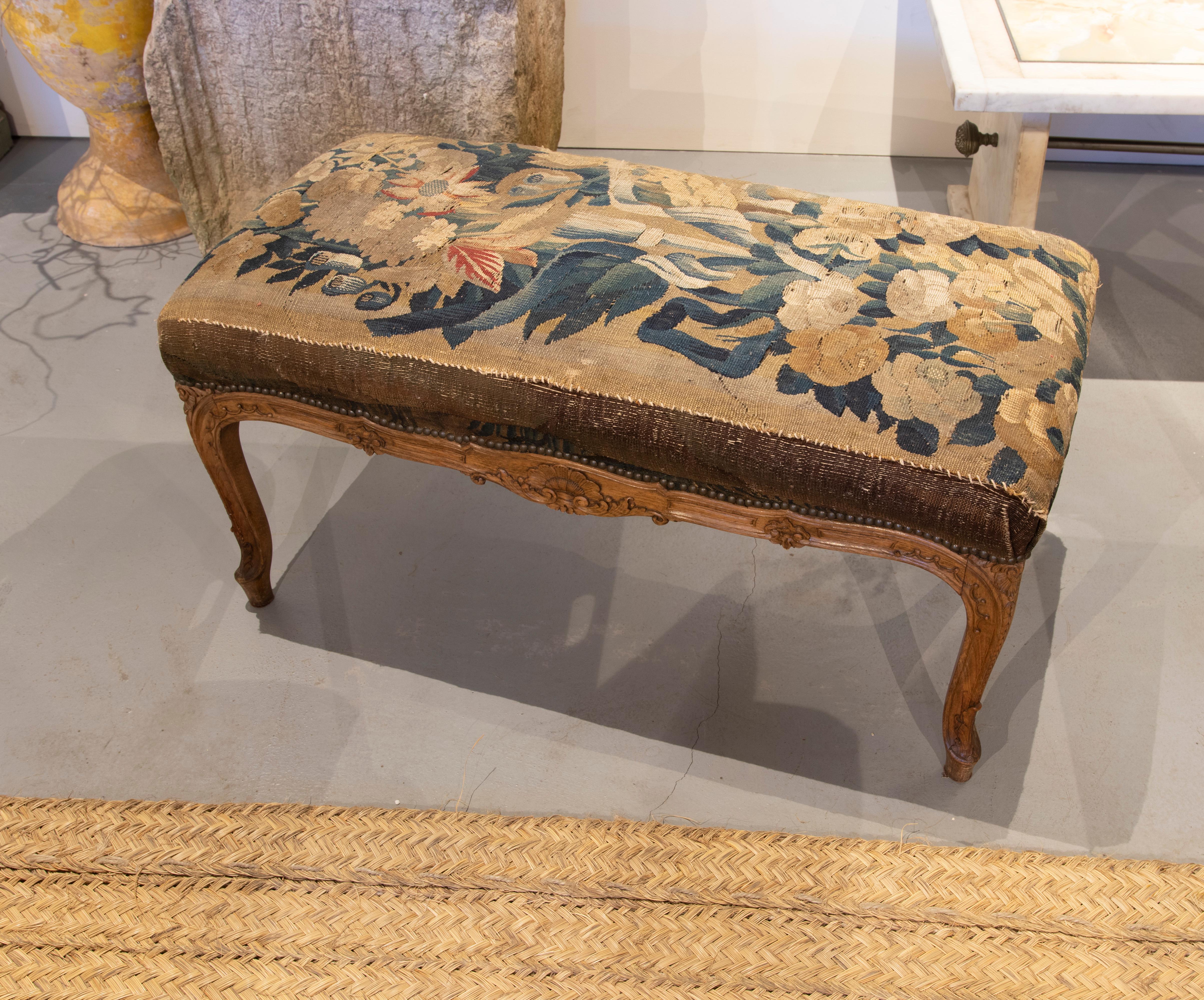 20th Century 19th Century French Upholstered Stool with Tapestry Fabric with Flower Theme