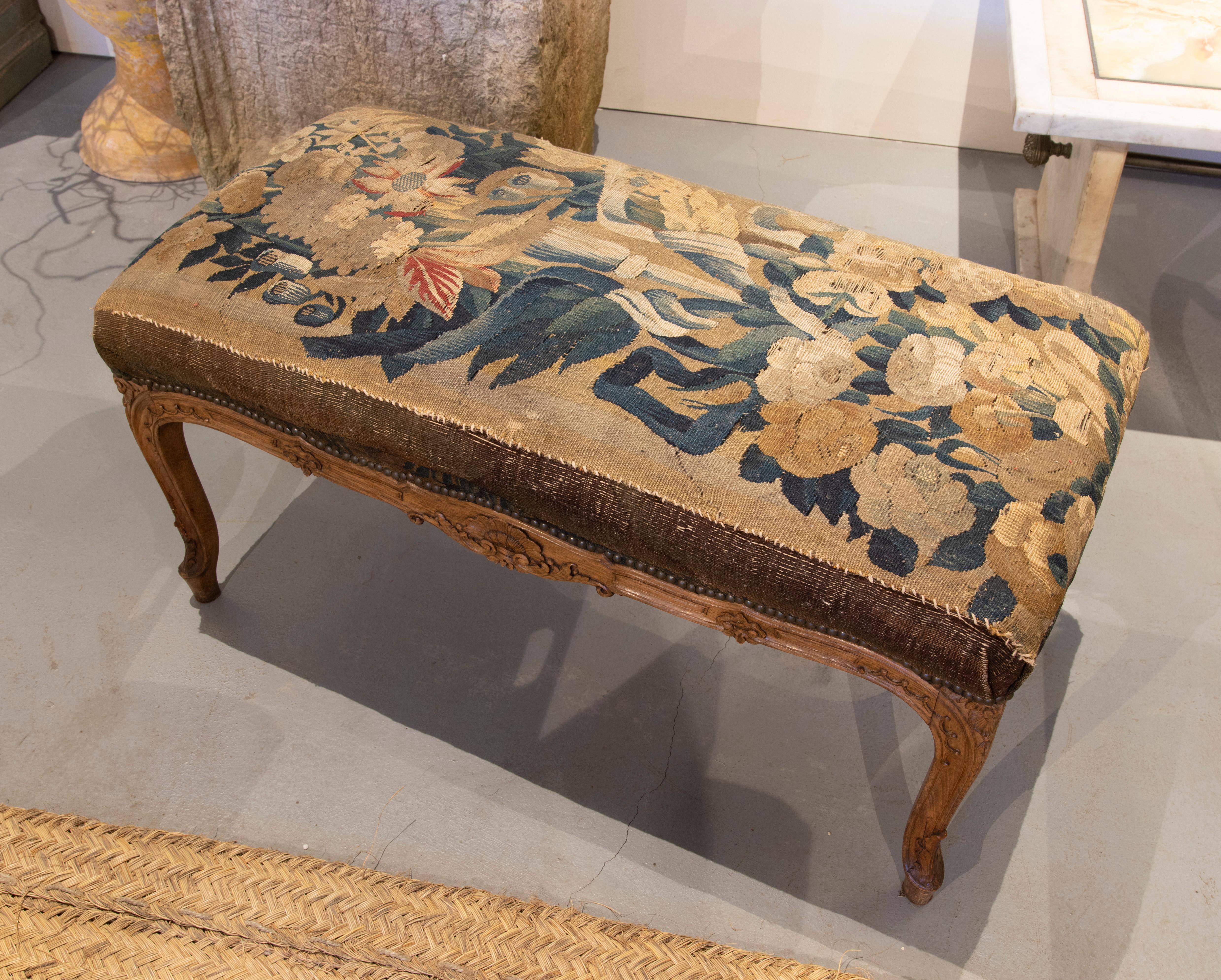19th Century French Upholstered Stool with Tapestry Fabric with Flower Theme 1