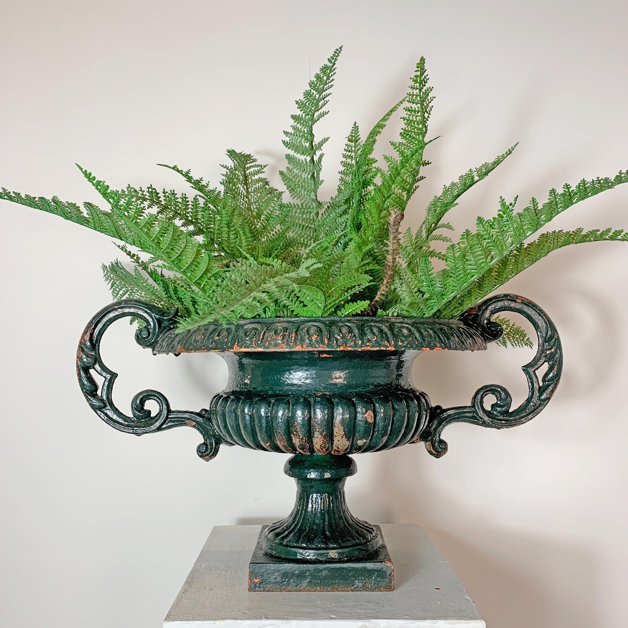 Cast 19th Century Green French Urn with Handles For Sale