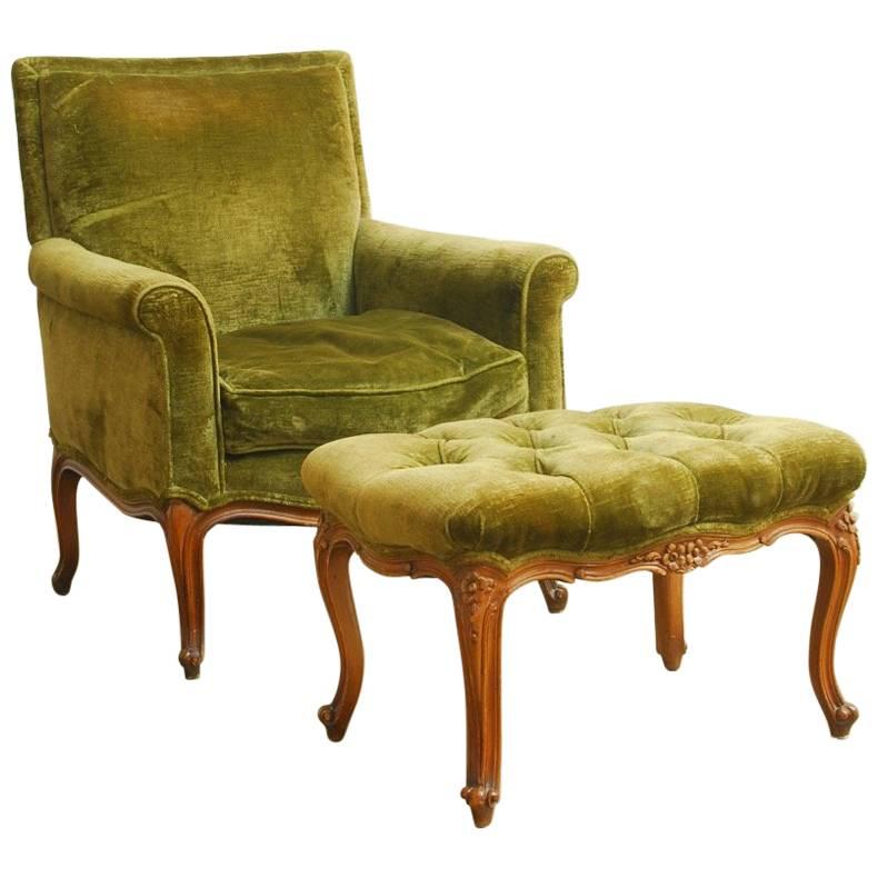 19th Century French Velvet Library Chair with Ottoman