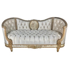 19th Century French Velvet Tufted Sofa with Cane Medallion Back