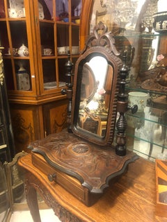19th Century French Veneer Mirror in Hand Carved Walnut Wood with Front Drawer