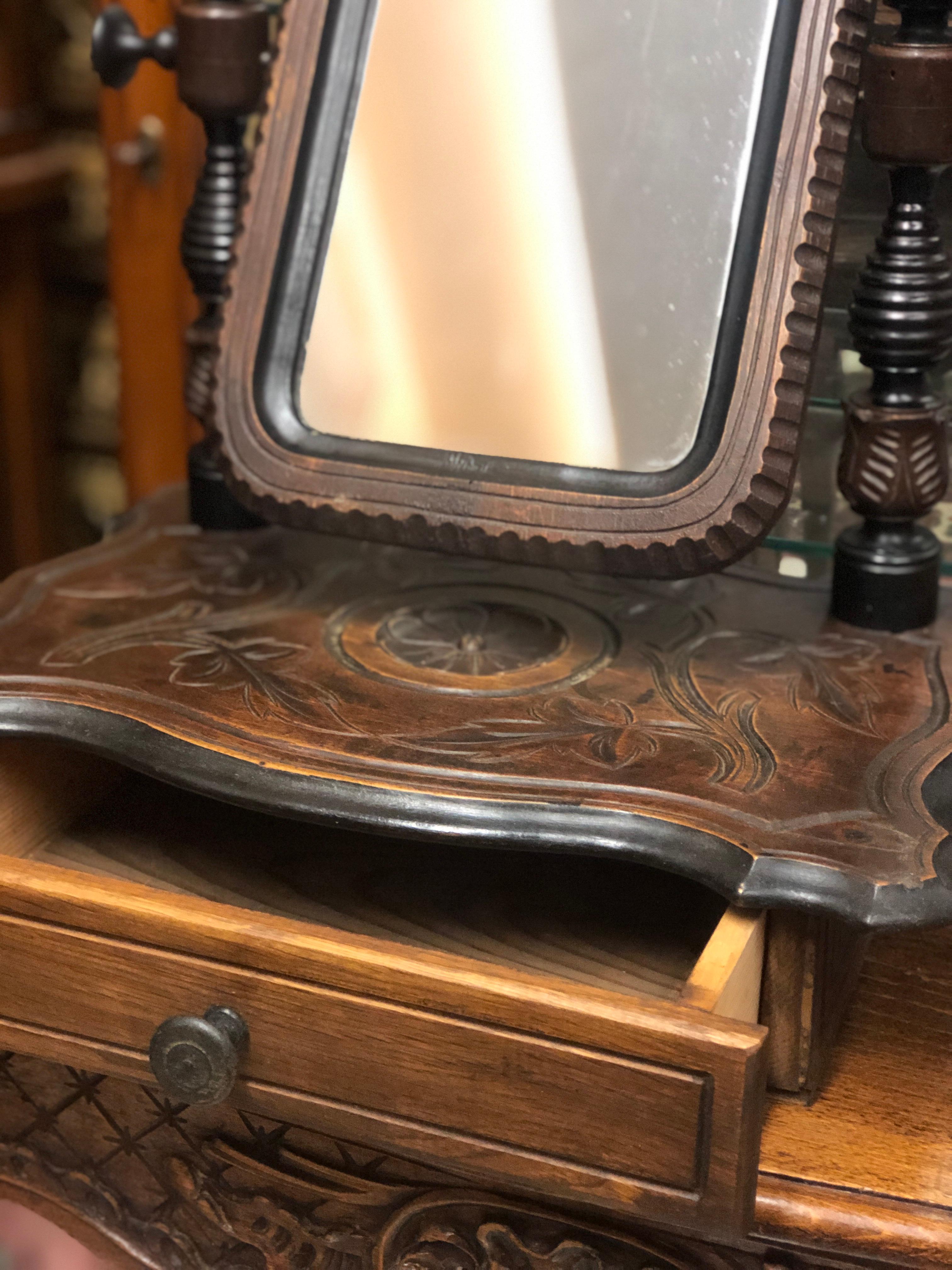 19th Century French Veneer Mirror in Hand Carved Walnut Wood with Front Drawer For Sale 1