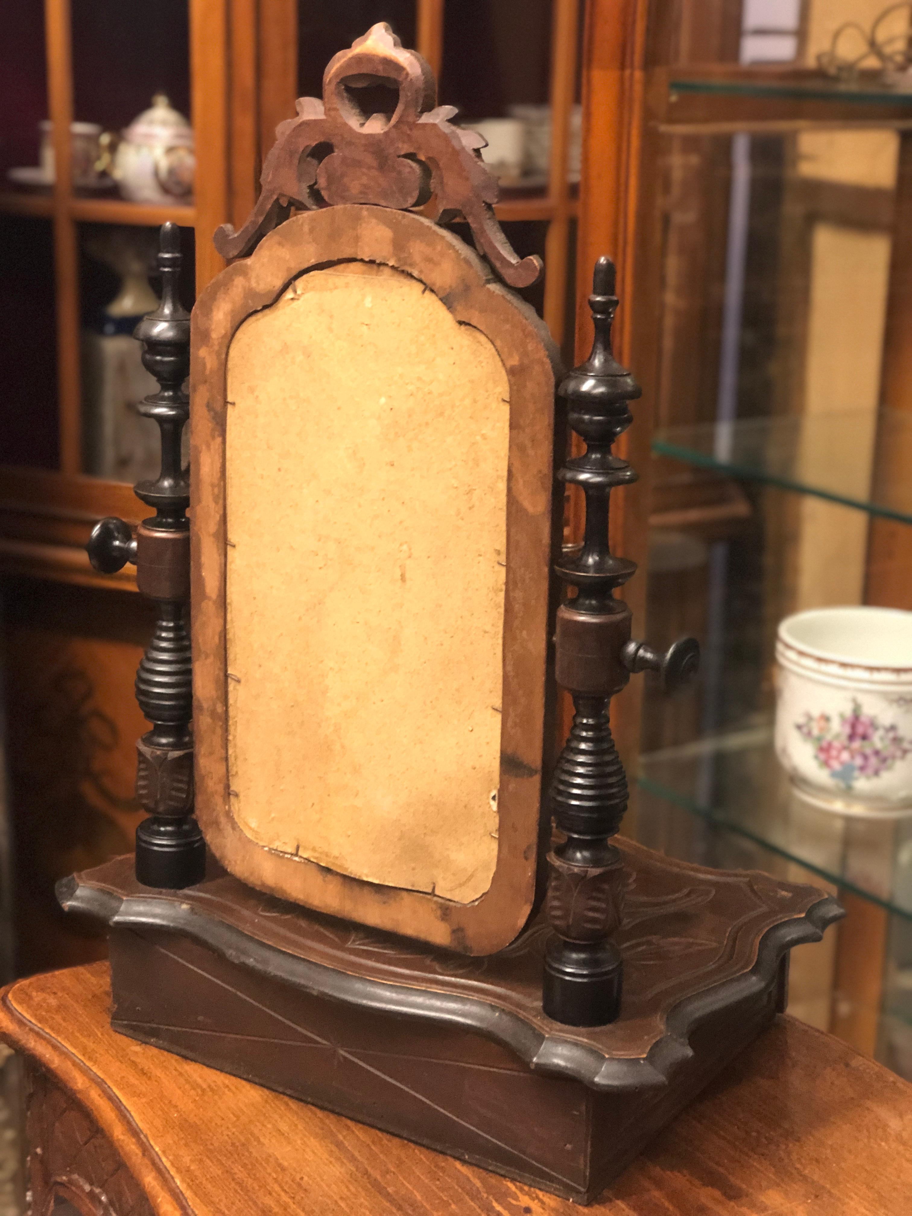 19th Century French Veneer Mirror in Hand Carved Walnut Wood with Front Drawer For Sale 2