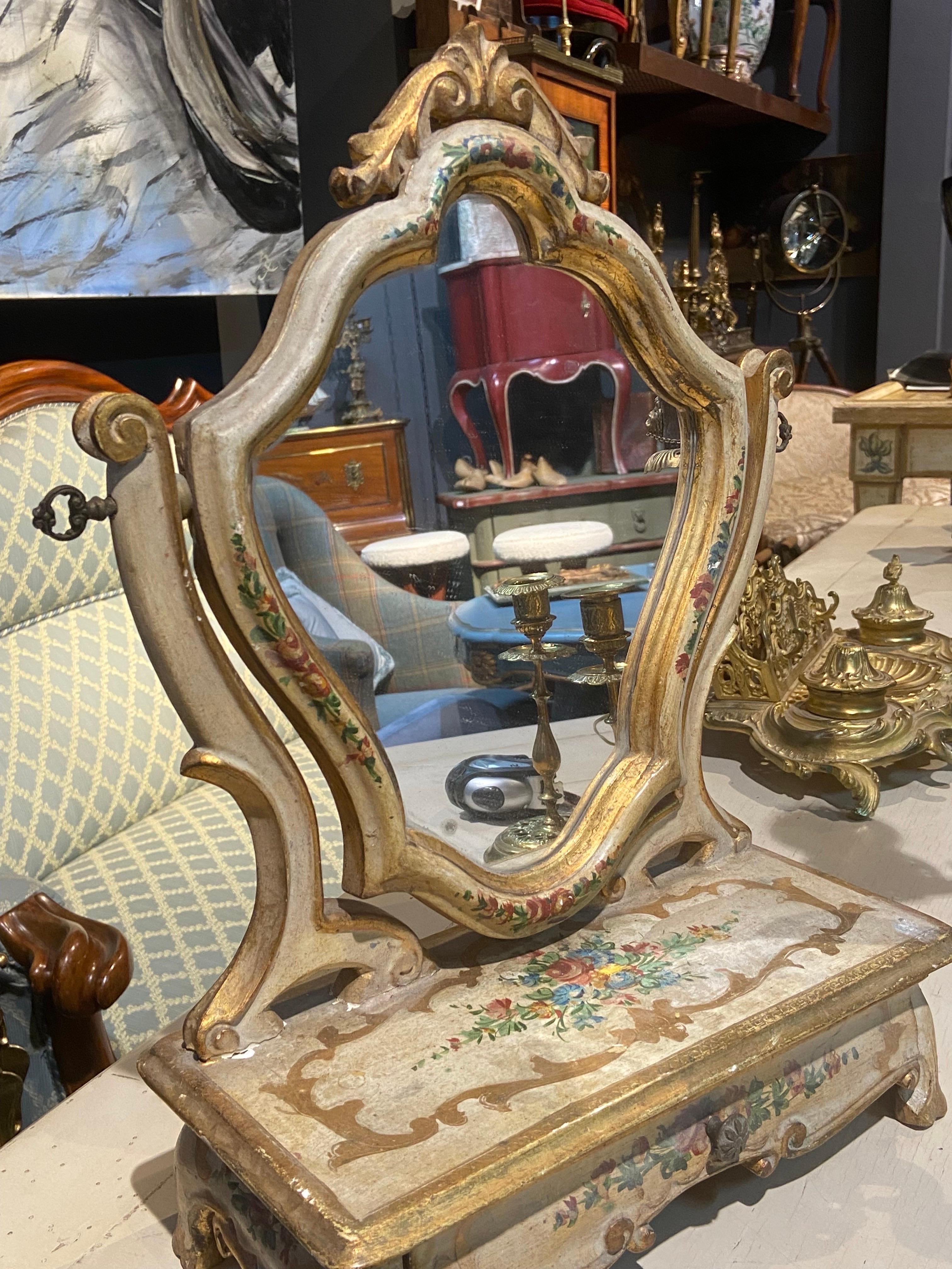 Colorful romantic French walnut dressing table mirror hand painted with front drawer in good condition with it original glass.
circa 1880.