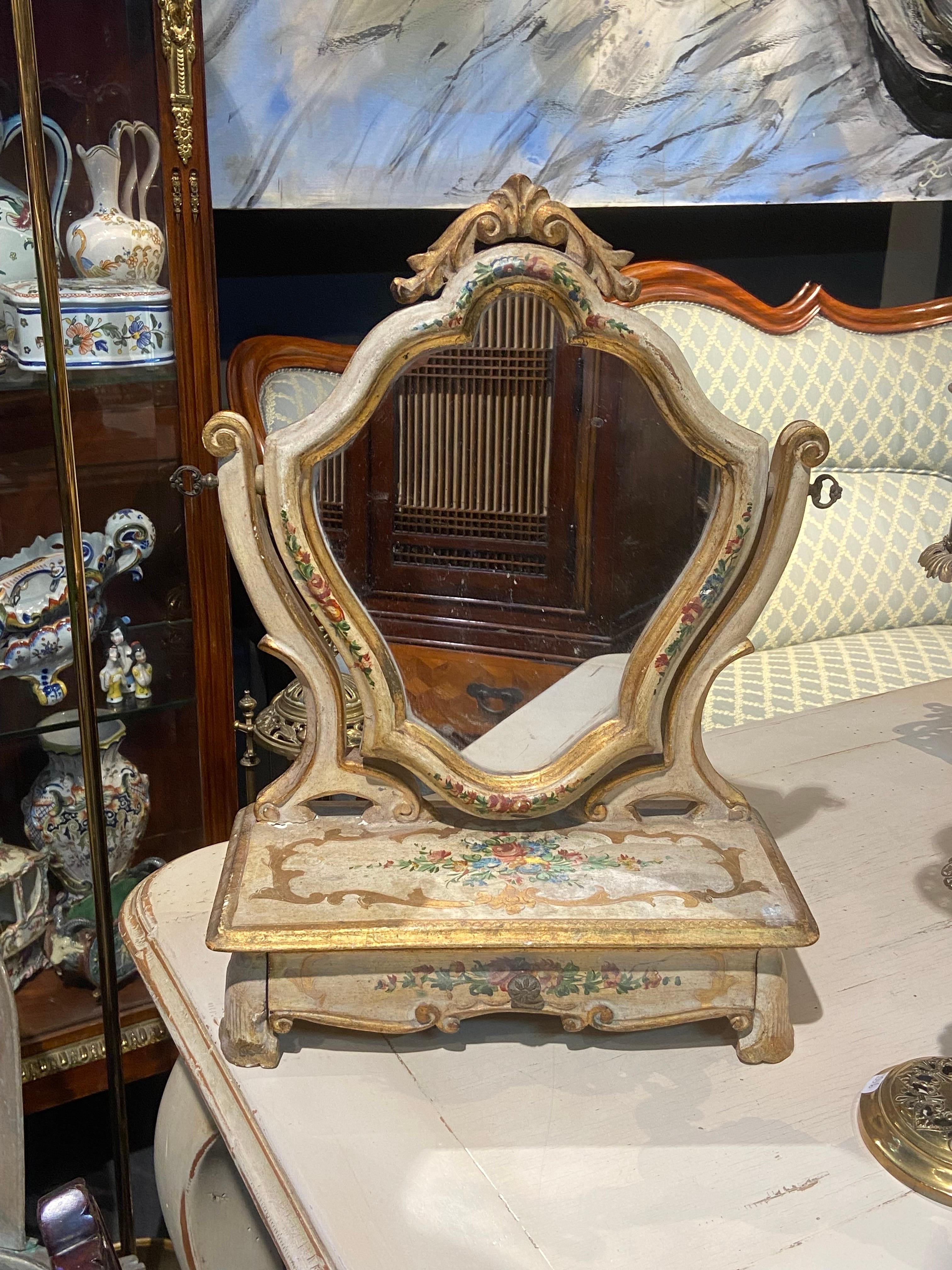 Hand-Carved 19th Century French Veneer Mirror in Hand Painted Carved Wood with Front Drawer For Sale