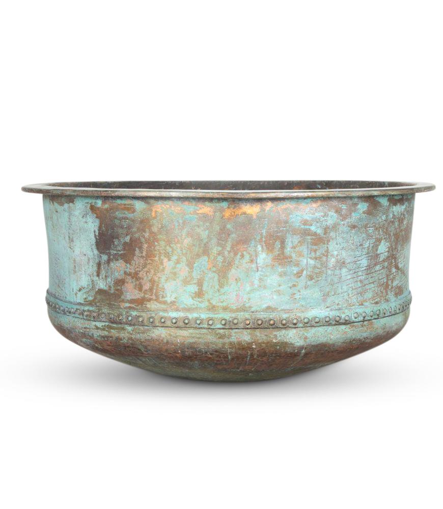A wonderful large 19th Century French verdigris copper cheese vat with a decorative riveteted band. 

These large vats make for a very attractive large planter, pond or plunge pool.