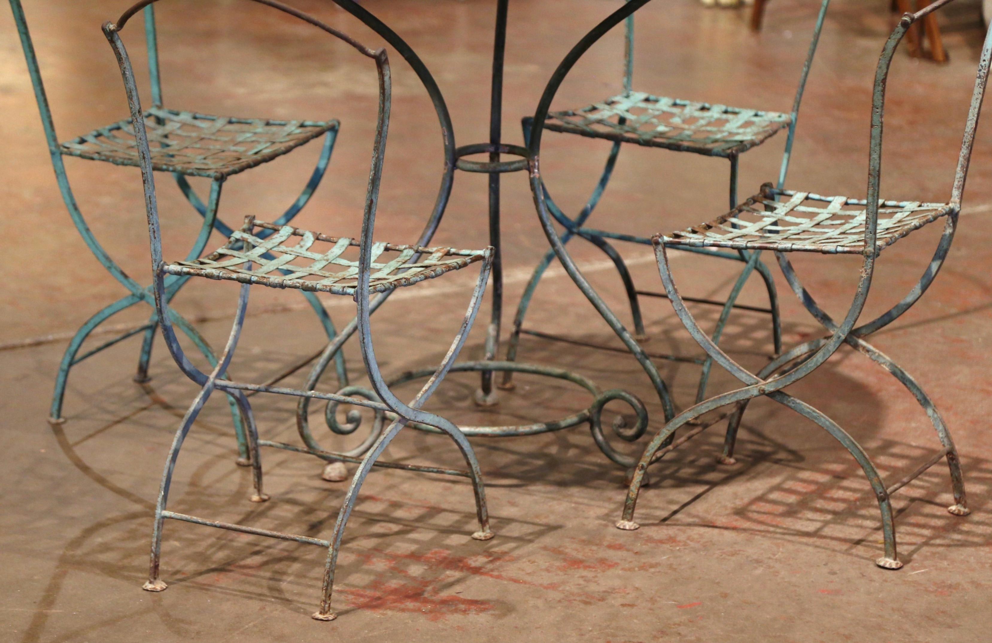 Napoleon III 19th Century French Verdigris Iron Pedestal Table and Four Matching Chairs