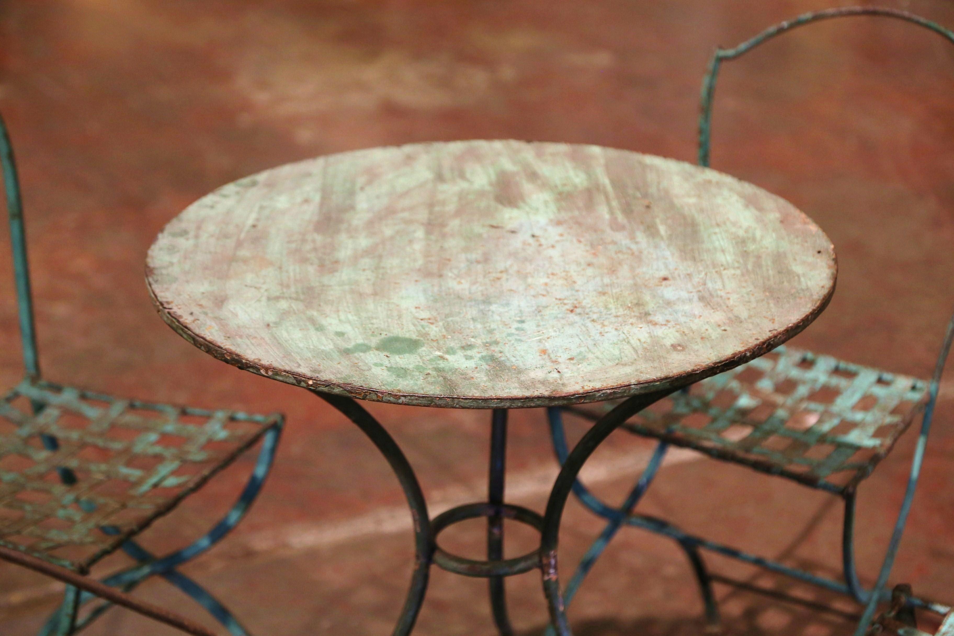 19th Century French Verdigris Iron Pedestal Table and Four Matching Chairs 2