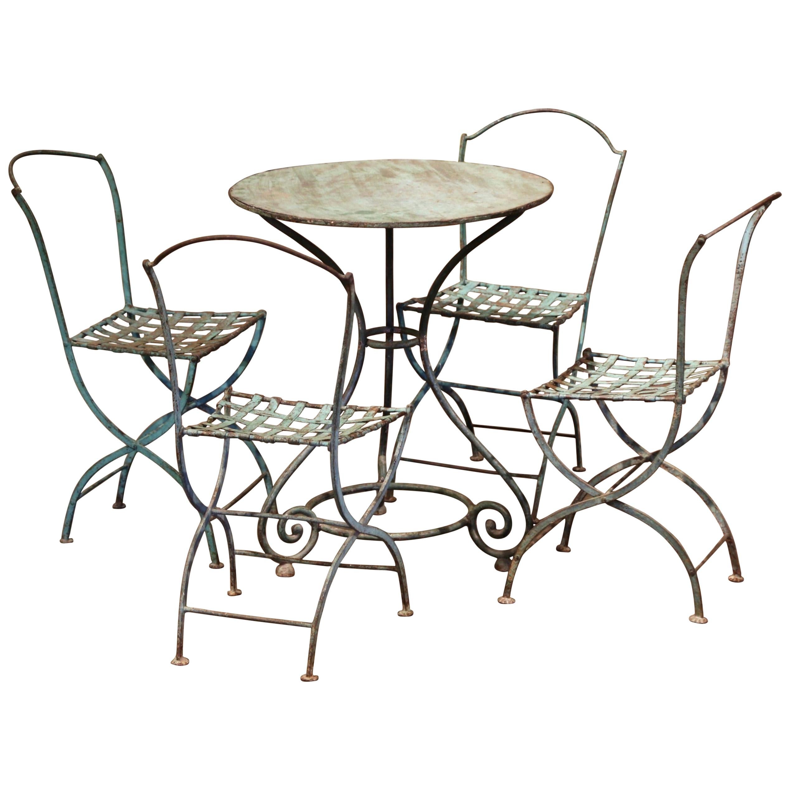 19th Century French Verdigris Iron Pedestal Table and Four Matching Chairs